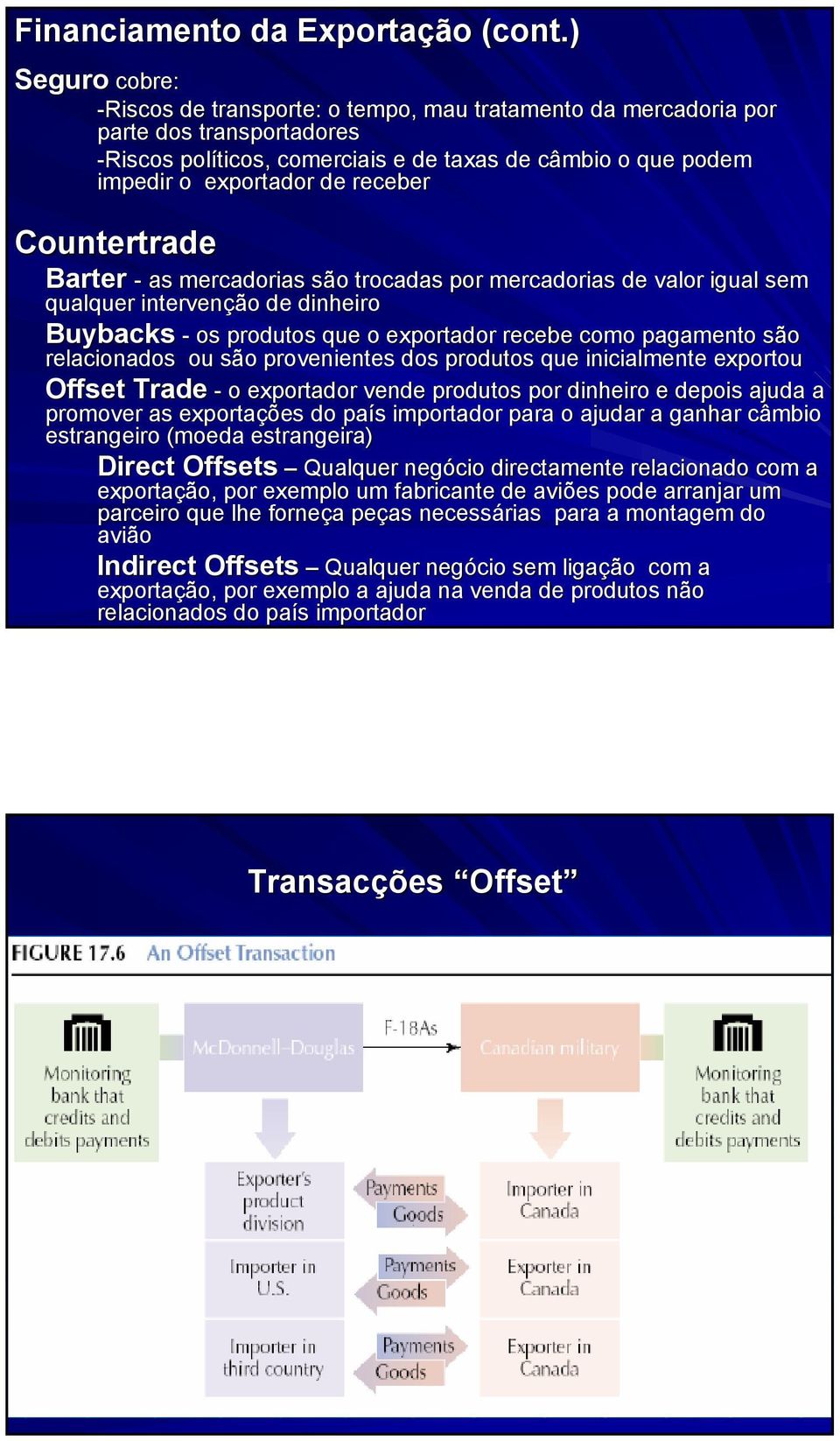 receber Countertrade Barter Barter - as mercadorias são trocadas por mercadorias de valor igual sem qualquer intervenção de dinheiro Buybacks - os produtos que o exportador recebe como pagamento são