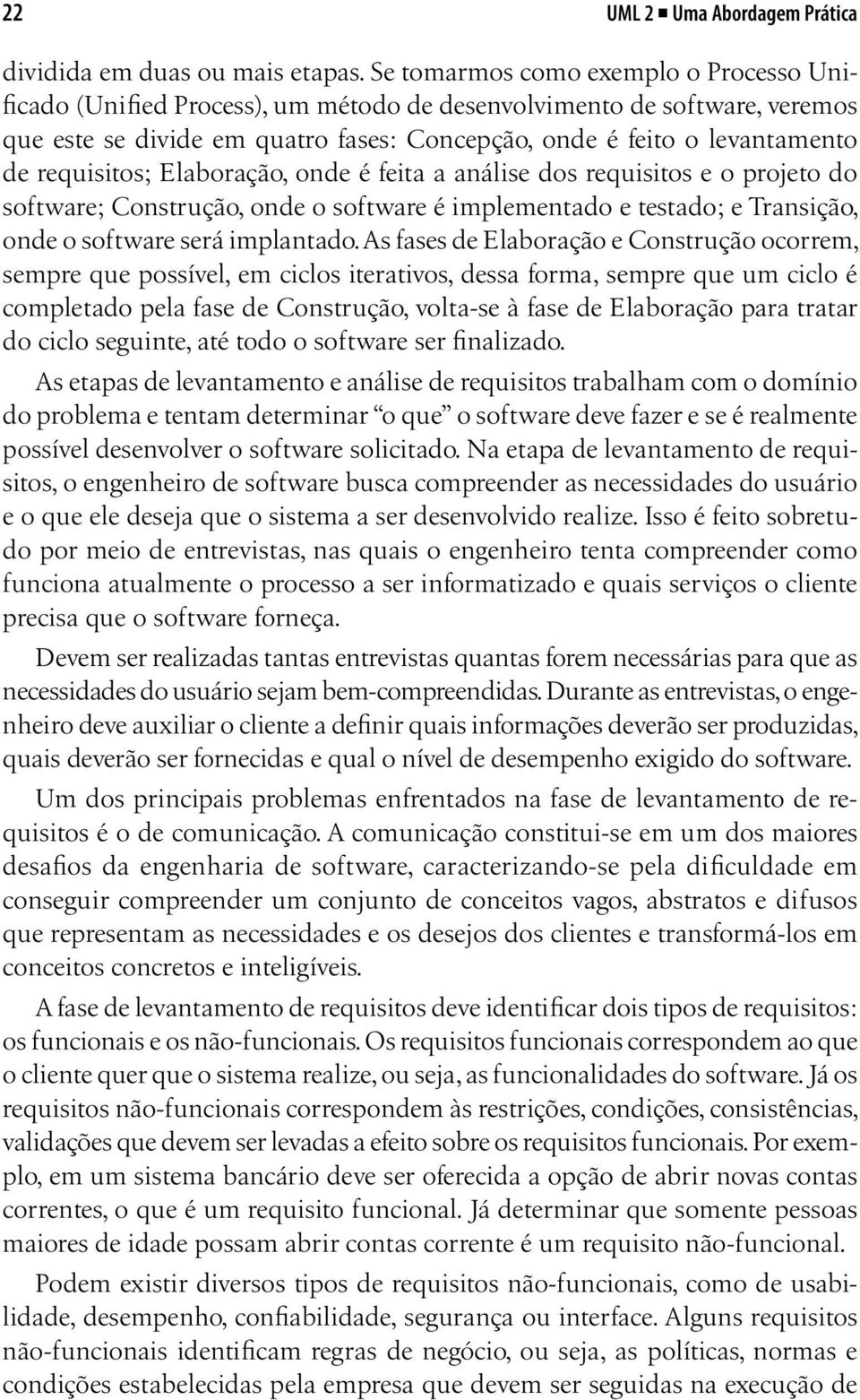 requisitos; Elaboração, onde é feita a análise dos requisitos e o projeto do software; Construção, onde o software é implementado e testado; e Transição, onde o software será implantado.