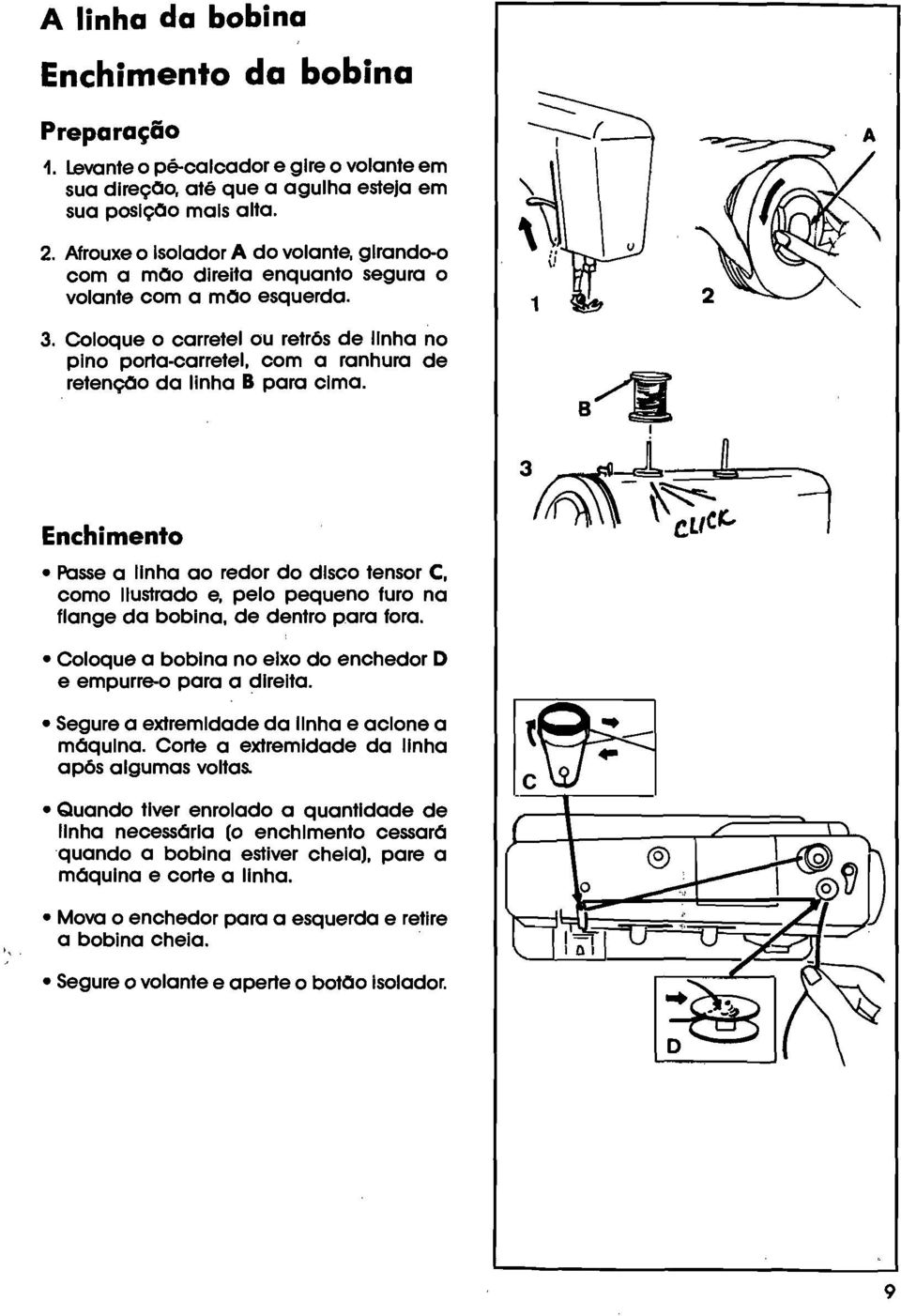 com a ranhura de retençoo da linha B para elmo. Enchimento Passe a linha ao redor do disco tensor C, como Ilustrado e, pelo pequeno furo na flange da bobina. de dentro para fora.