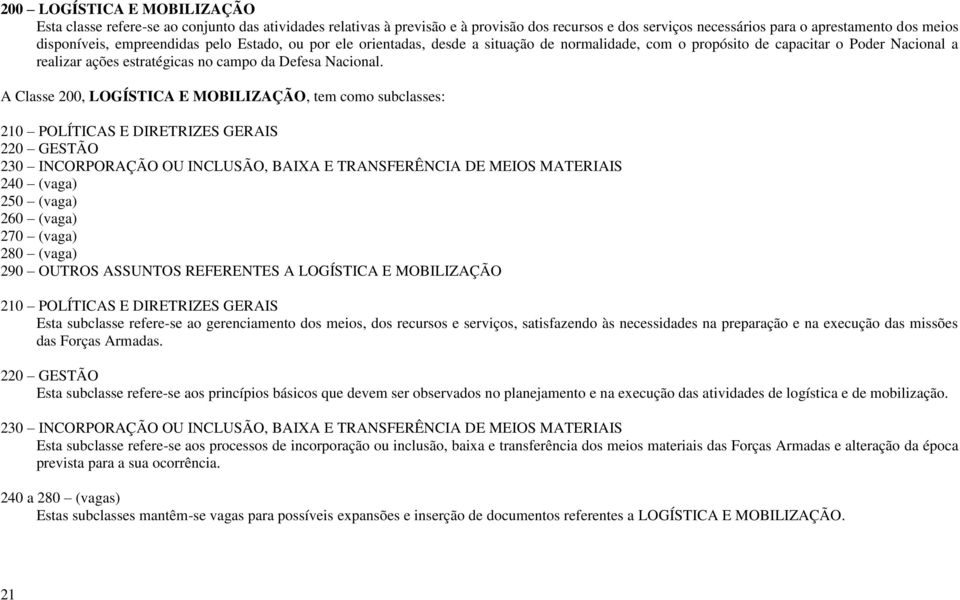 A Classe 200, LOGÍSTICA E MOBILIZAÇÃO, tem como subclasses: 210 POLÍTICAS E DIRETRIZES GERAIS 220 GESTÃO 230 INCORPORAÇÃO OU INCLUSÃO, BAIXA E TRANSFERÊNCIA DE MEIOS MATERIAIS 240 (vaga) 250 (vaga)