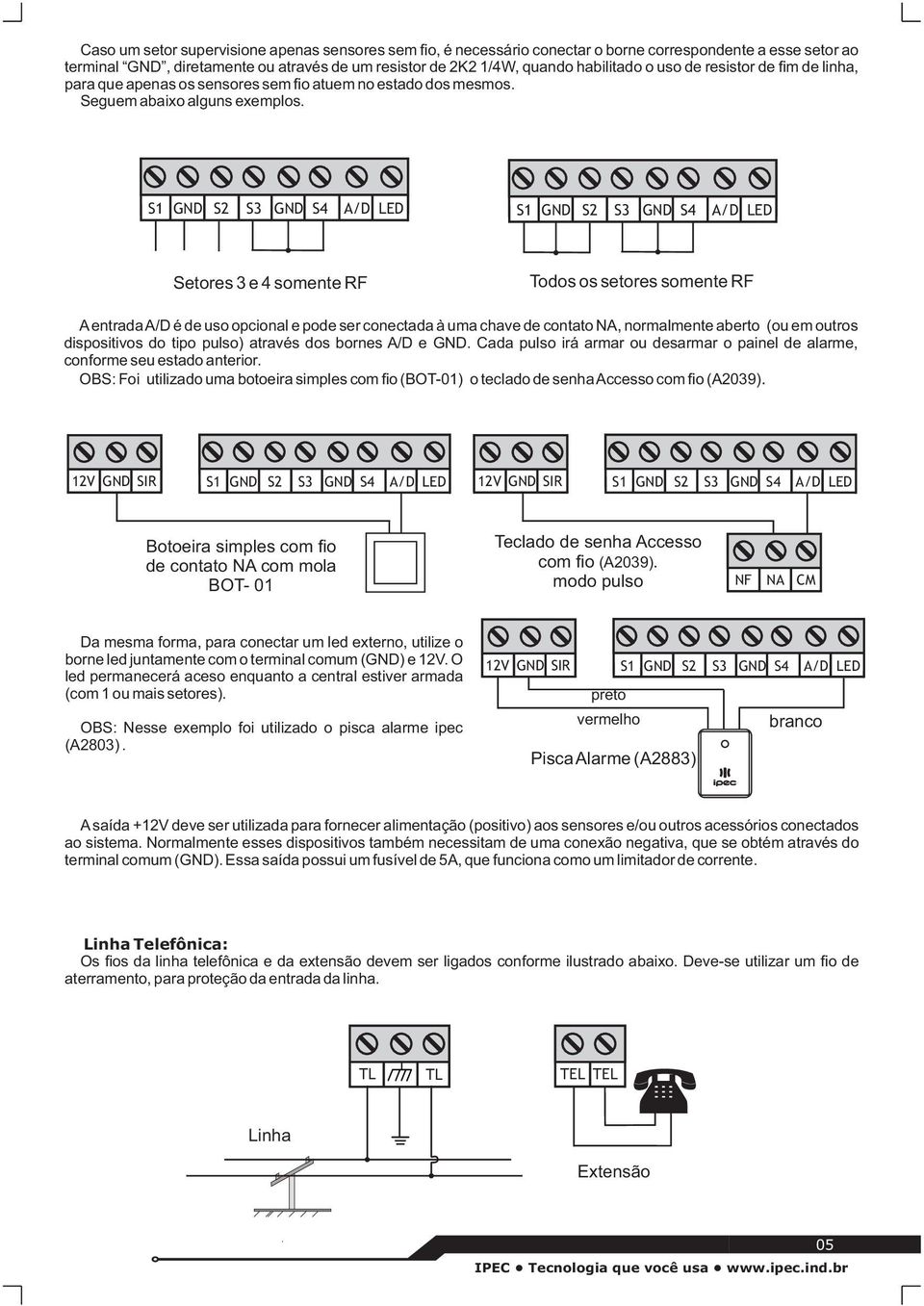 S1 GND S2 S3 GND S4 A/D LED S1 GND S2 S3 GND S4 A/D LED Setores 3 e 4 somente RF Todos os setores somente RF A entrada A/D é de uso opcional e pode ser conectada à uma chave de contato NA,