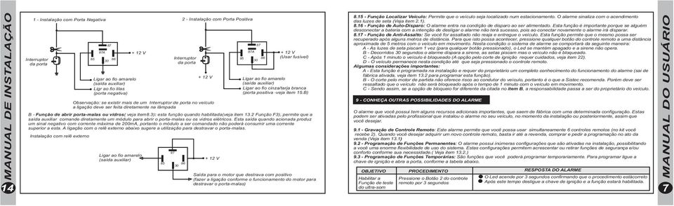 B) Observação: se existir mais de um Interruptor de porta no veículo a ligação deve ser feita diretamente na lâmpada B - Função de abrir porta-malas ou vidros( veja item8.