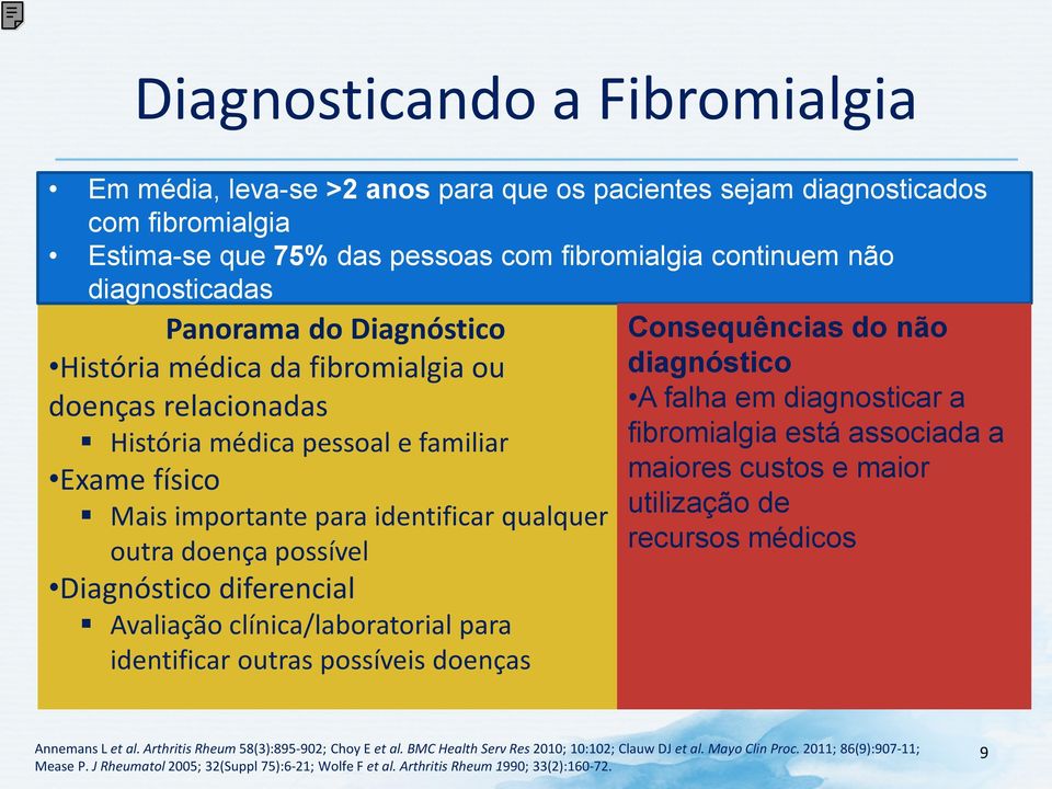 Diagnóstico diferencial Avaliação clínica/laboratorial para identificar outras possíveis doenças Consequências do não diagnóstico A falha em diagnosticar a fibromialgia está associada a maiores