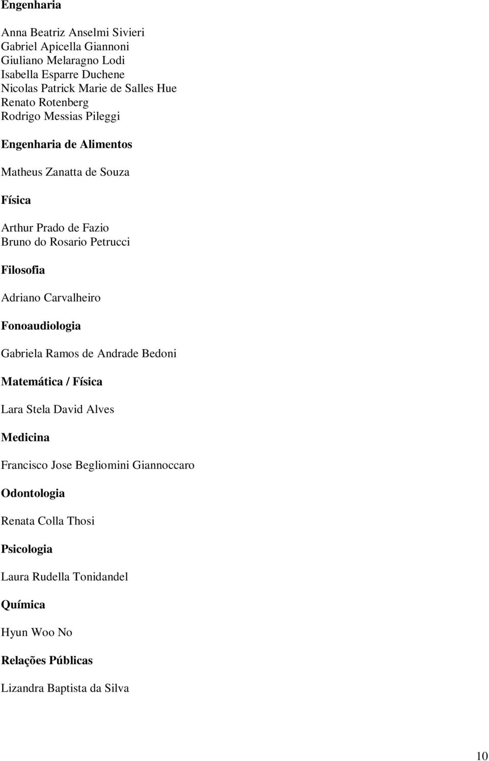 Filosofia Adriano Carvalheiro Fonoaudiologia Gabriela Ramos de Andrade Bedoni Matemática / Física Lara Stela David Alves Medicina Francisco Jose