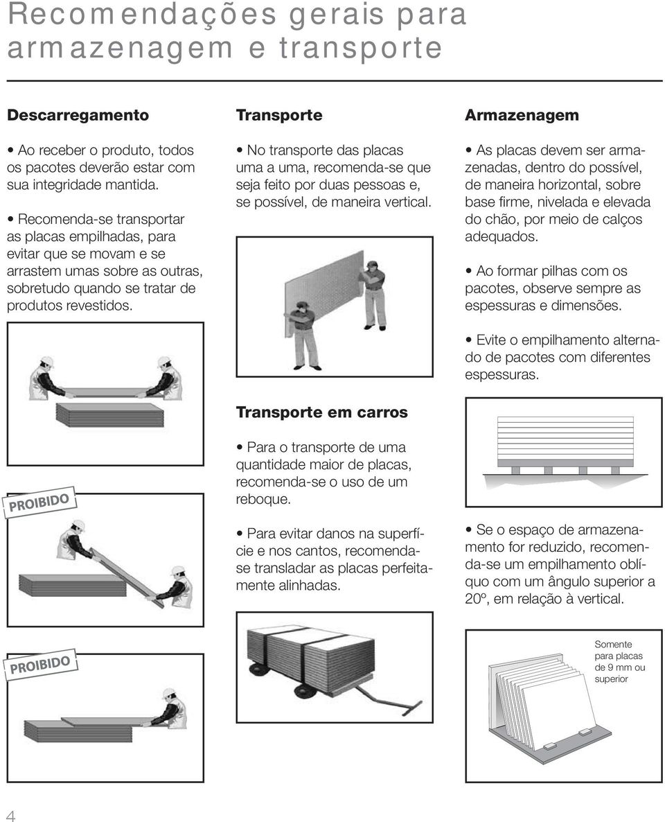 Transporte No transporte das placas uma a uma, recomenda-se que seja feito por duas pessoas e, se possível, de maneira vertical.