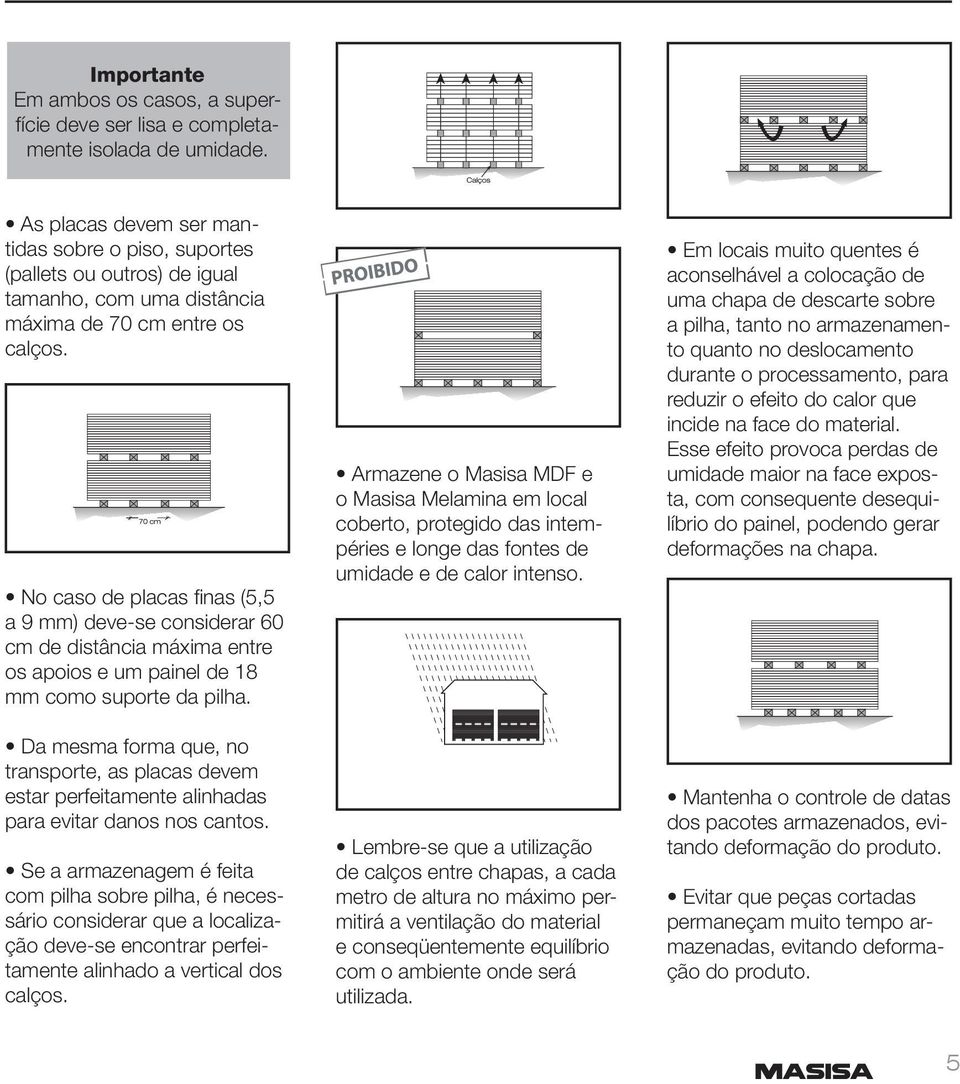 No caso de placas fi nas (5,5 a 9 mm) deve-se considerar 60 cm de distância máxima entre os apoios e um painel de 18 mm como suporte da pilha.