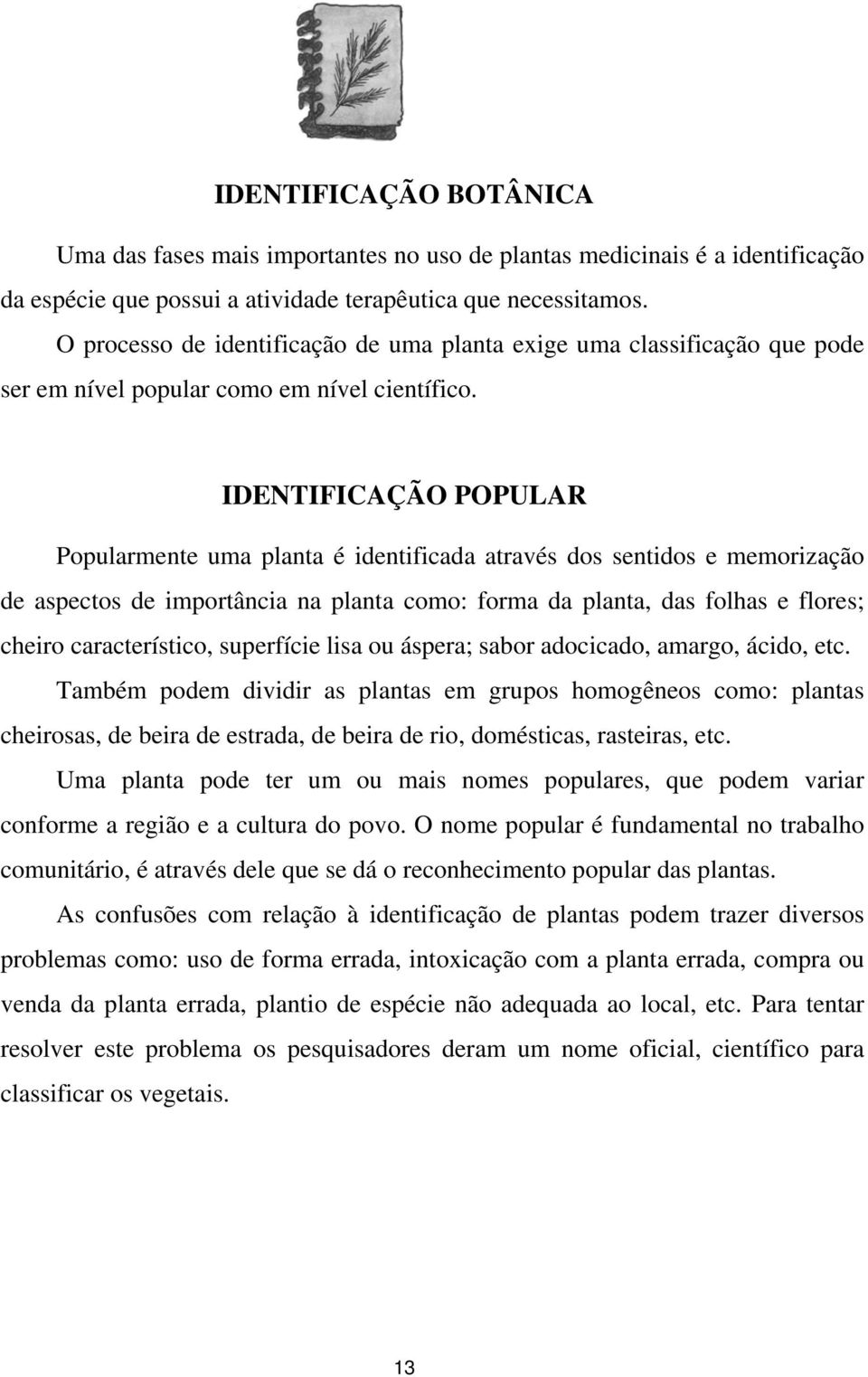 IDENTIFICAÇÃO POPULAR Popularmente uma planta é identificada através dos sentidos e memorização de aspectos de importância na planta como: forma da planta, das folhas e flores; cheiro característico,