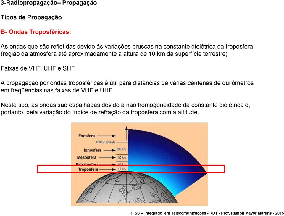 Faixas de VHF, UHF e SHF A propagação por ondas troposféricas é útil para distâncias de várias centenas de quilômetros em freqüências nas