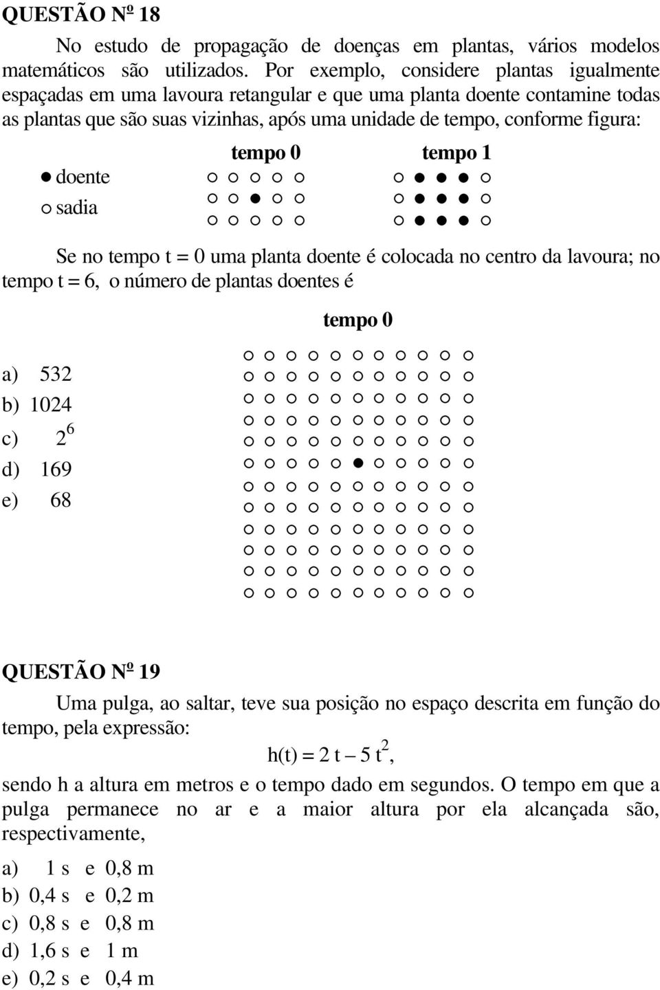 doente sadia tempo 0 tempo 1 Se no tempo t = 0 uma planta doente é colocada no centro da lavoura; no tempo t = 6, o número de plantas doentes é tempo 0 a) 532 b) 1024 c) 2 6 d) 169 e) 68 QUESTÃO N o