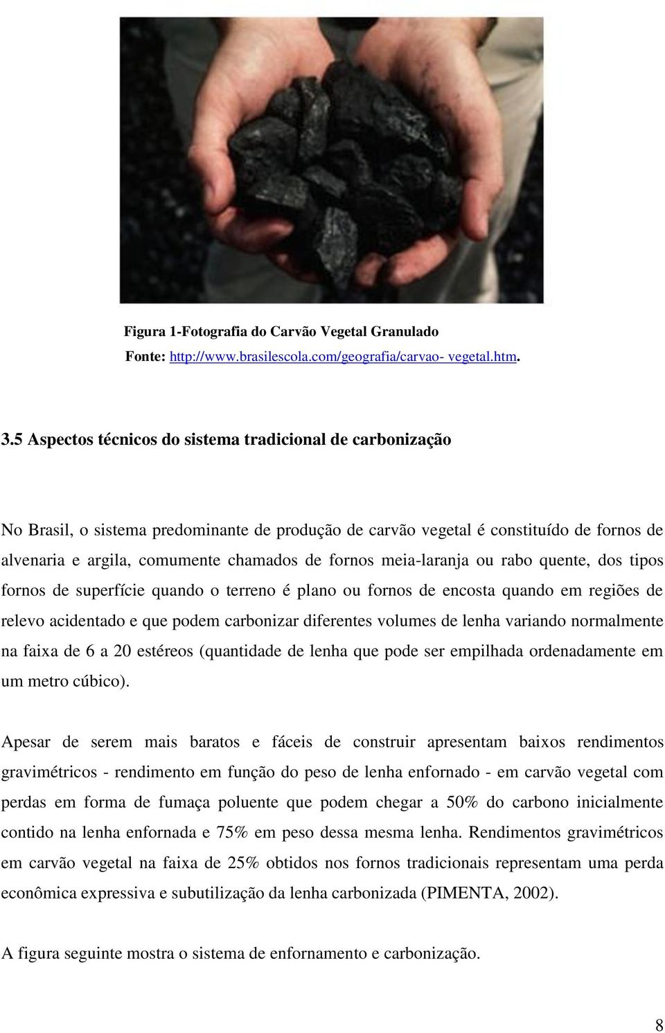 meia-laranja ou rabo quente, dos tipos fornos de superfície quando o terreno é plano ou fornos de encosta quando em regiões de relevo acidentado e que podem carbonizar diferentes volumes de lenha