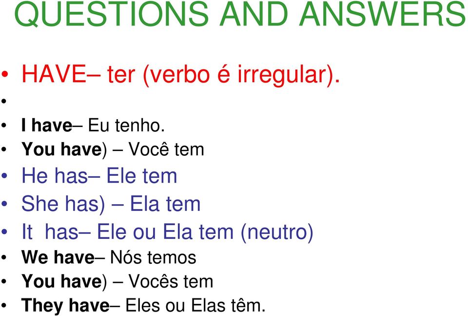 tem It has Ele ou Ela tem (neutro) We have Nós