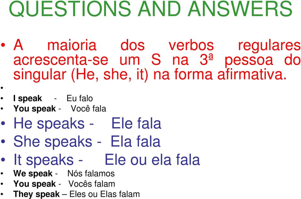 I speak - Eu falo You speak - Você fala He speaks - Ele fala She speaks -