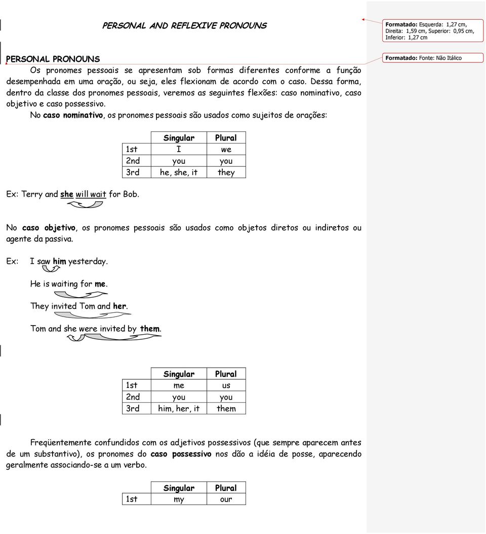 Dessa forma, dentro da classe dos pronomes pessoais, veremos as seguintes flexões: caso nominativo, caso objetivo e caso possessivo.