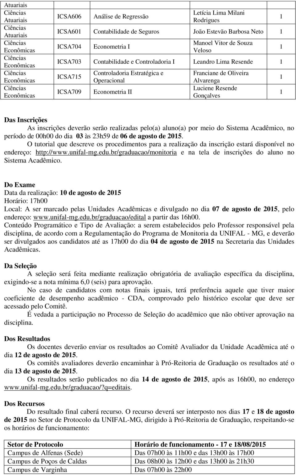 Alvarenga Luciene Resende Gonçalves Das Inscrições As inscrições deverão serão realizadas pelo(a) aluno(a) por meio do Sistema Acadêmico, no período de 00h00 do dia 03 às 3h59 de 06 de agosto de 05.