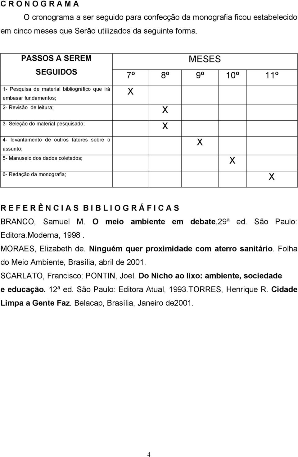 5- Manuseio dos dados coletados; 6- Redação da monografia; MESES 7º 8º 9º 10º 11º X X X X X X R E F E R Ê N C I A S B I B L I O G R Á F I C A S BRANCO, Samuel M. O meio ambiente em debate.29ª ed.