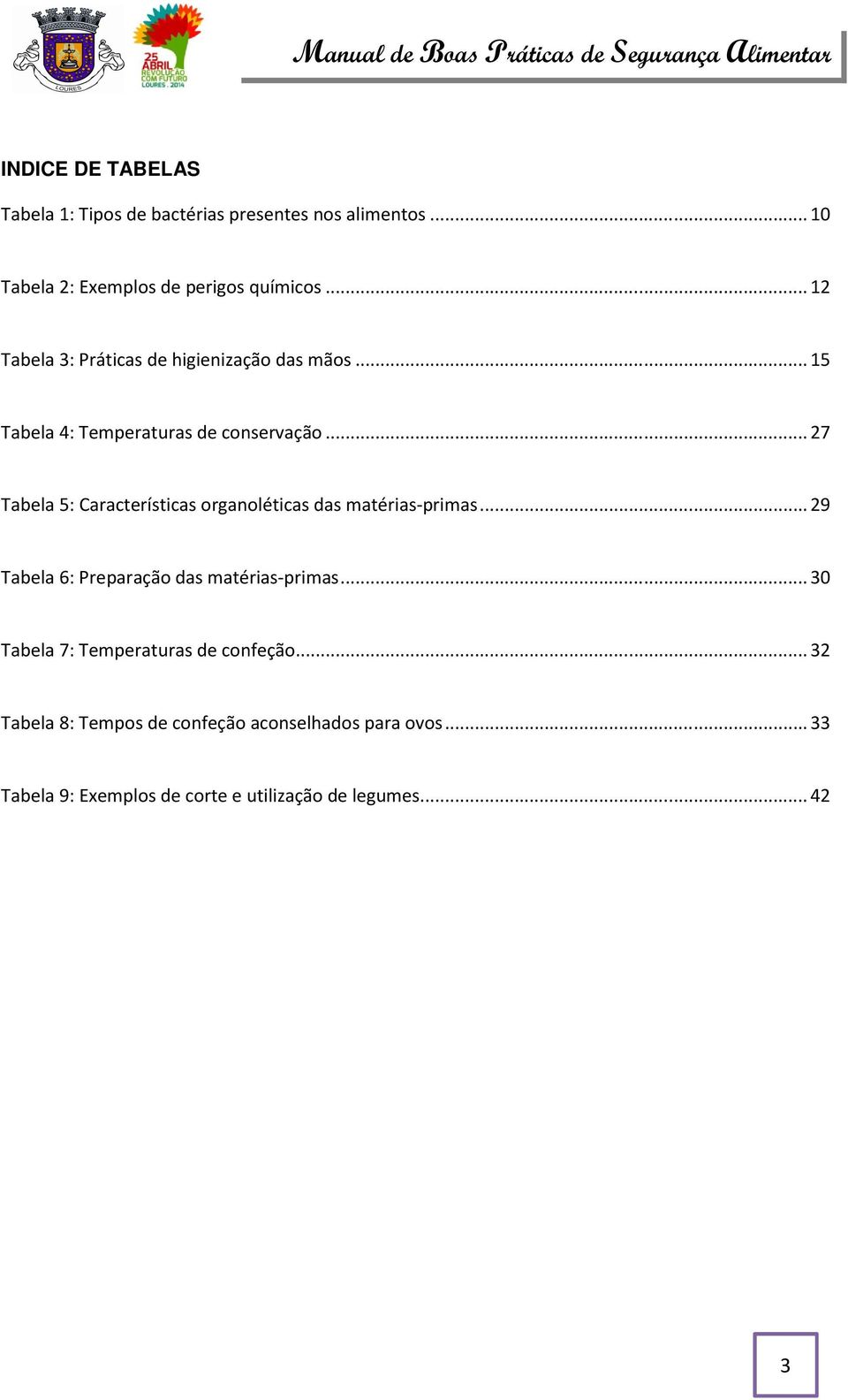 .. 27 Tabela 5: Características organoléticas das matérias-primas... 29 Tabela 6: Preparação das matérias-primas.