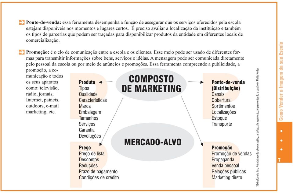 [ Promoção: é o elo de comunicação entre a escola e os clientes. Esse meio pode ser usado de diferentes formas para transmitir informações sobre bens, serviços e idéias.