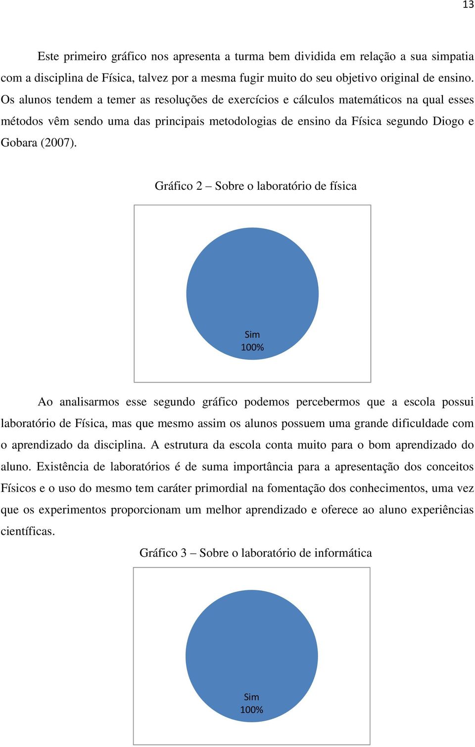 Gráfico 2 Sobre o laboratório de física Sim 100% Ao analisarmos esse segundo gráfico podemos percebermos que a escola possui laboratório de Física, mas que mesmo assim os alunos possuem uma grande