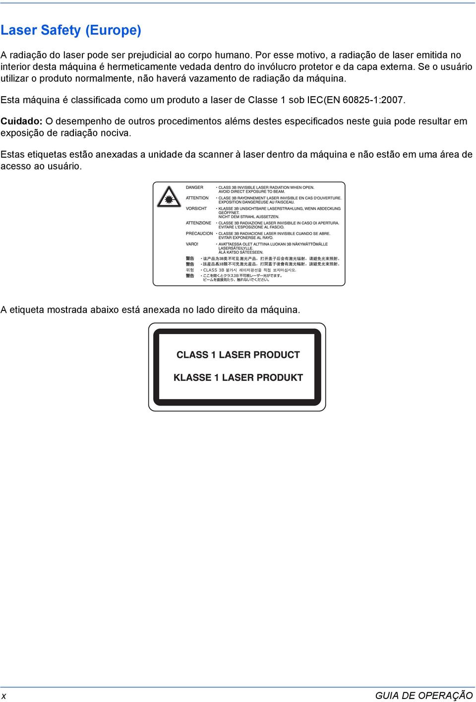 Se o usuário utilizar o produto normalmente, não haverá vazamento de radiação da máquina. Esta máquina é classificada como um produto a laser de Classe 1 sob IEC(EN 60825-1:2007.