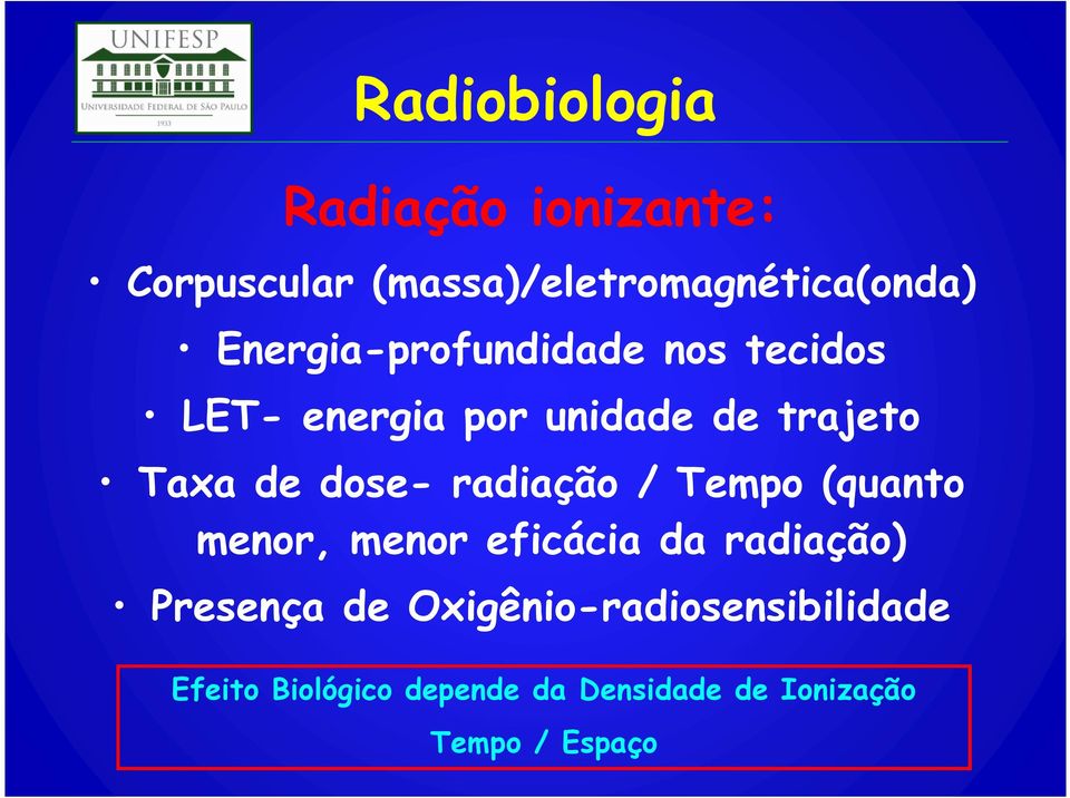 dose- radiação / Tempo (quanto menor, menor eficácia da radiação) Presença de