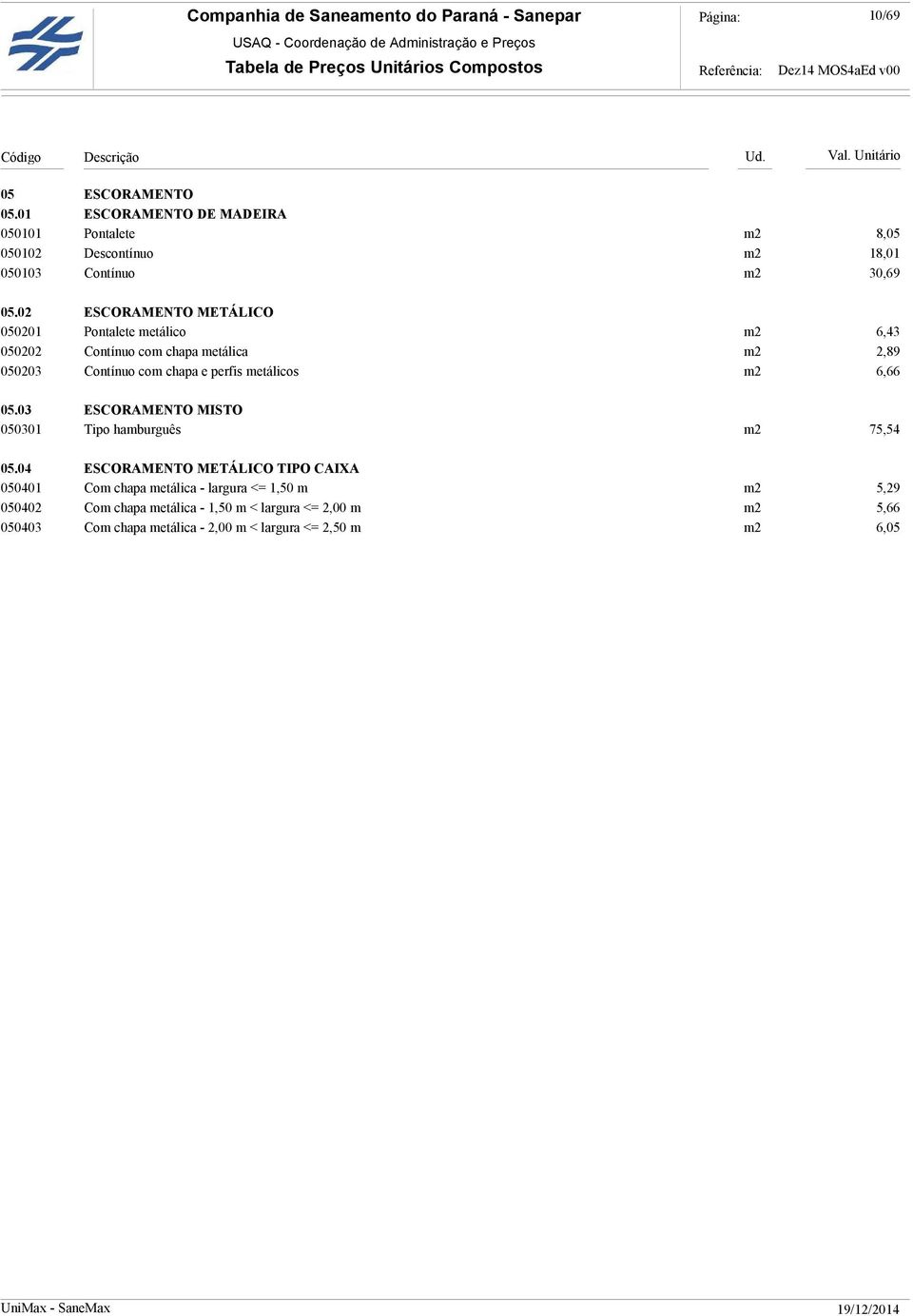 metálicos m2 6,66 05.03 ESCORAMENTO MISTO 050301 Tipo hamburguês m2 75,54 05.