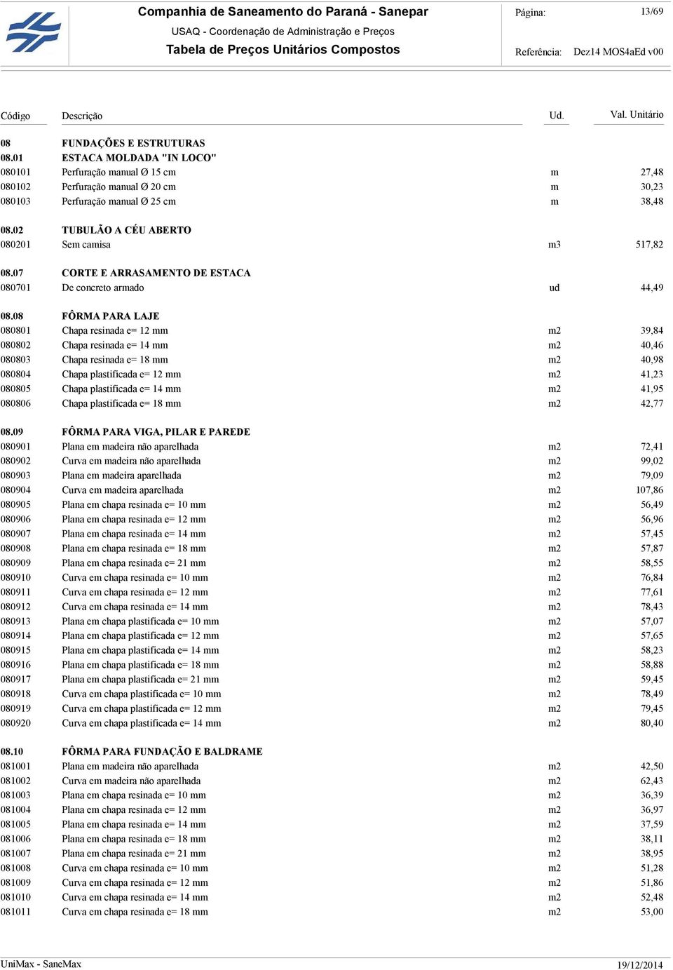 08 FÔRMA PARA LAJE 080801 Chapa resinada e= 12 mm m2 39,84 080802 Chapa resinada e= 14 mm m2 40,46 080803 Chapa resinada e= 18 mm m2 40,98 080804 Chapa plastificada e= 12 mm m2 41,23 080805 Chapa