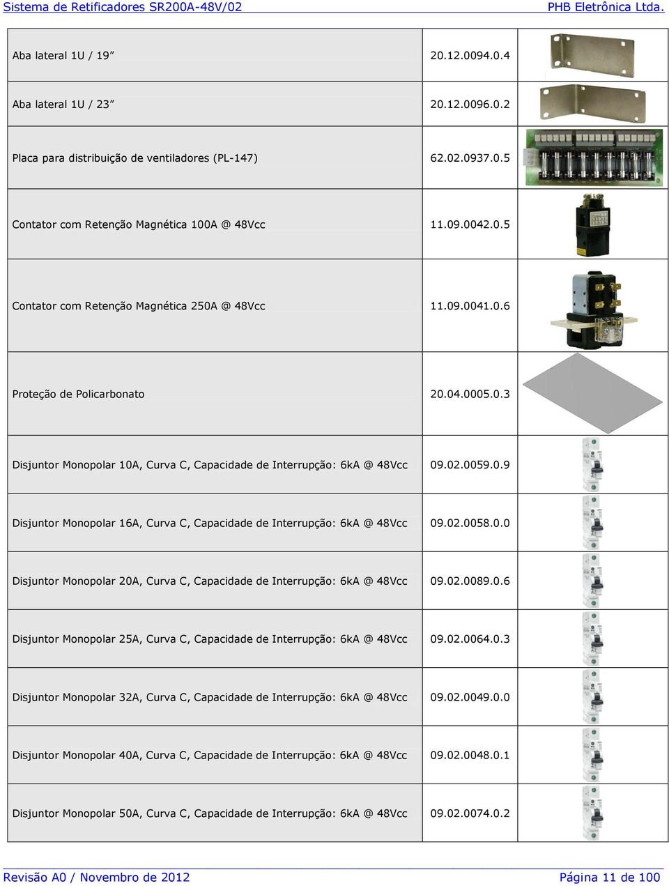 02.0058.0.0 Disjuntor Monopolar 20A, Curva C, Capacidade de Interrupção: 6kA @ 48Vcc 09.02.0089.0.6 Disjuntor Monopolar 25A, Curva C, Capacidade de Interrupção: 6kA @ 48Vcc 09.02.0064.0.3 Disjuntor Monopolar 32A, Curva C, Capacidade de Interrupção: 6kA @ 48Vcc 09.