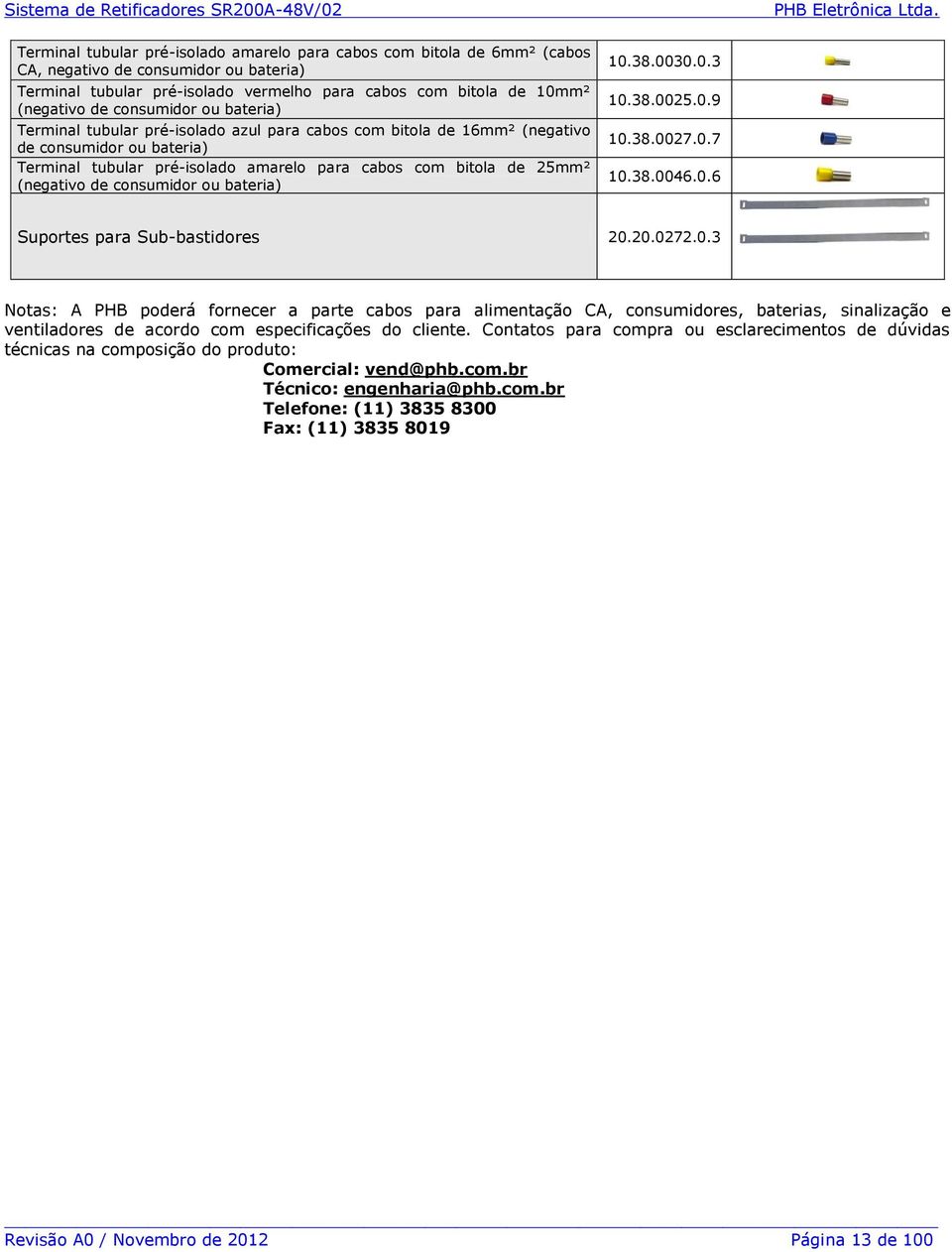 (negativo de consumidor ou bateria) 10.38.0030.0.3 10.38.0025.0.9 10.38.0027.0.7 10.38.0046.0.6 Suportes para Sub-bastidores 20.20.0272.0.3 Notas: A PHB poderá fornecer a parte cabos para alimentação CA, consumidores, baterias, sinalização e ventiladores de acordo com especificações do cliente.