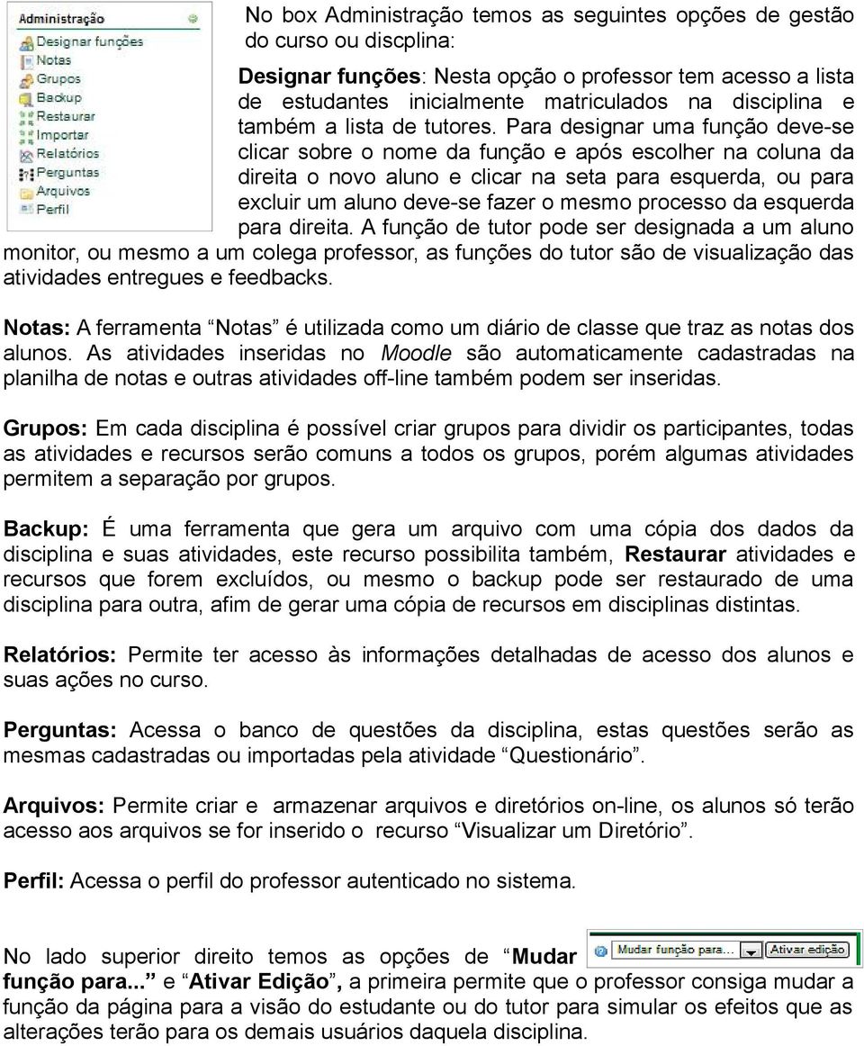 Para designar uma função deve-se clicar sobre o nome da função e após escolher na coluna da direita o novo aluno e clicar na seta para esquerda, ou para excluir um aluno deve-se fazer o mesmo