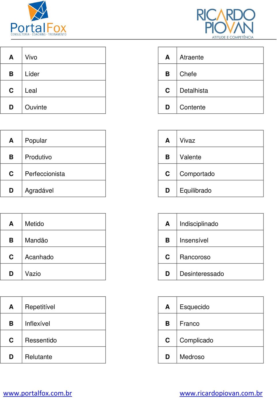 Metido A Indisciplinado B Mandão B Insensível C Acanhado C Rancoroso D Vazio D