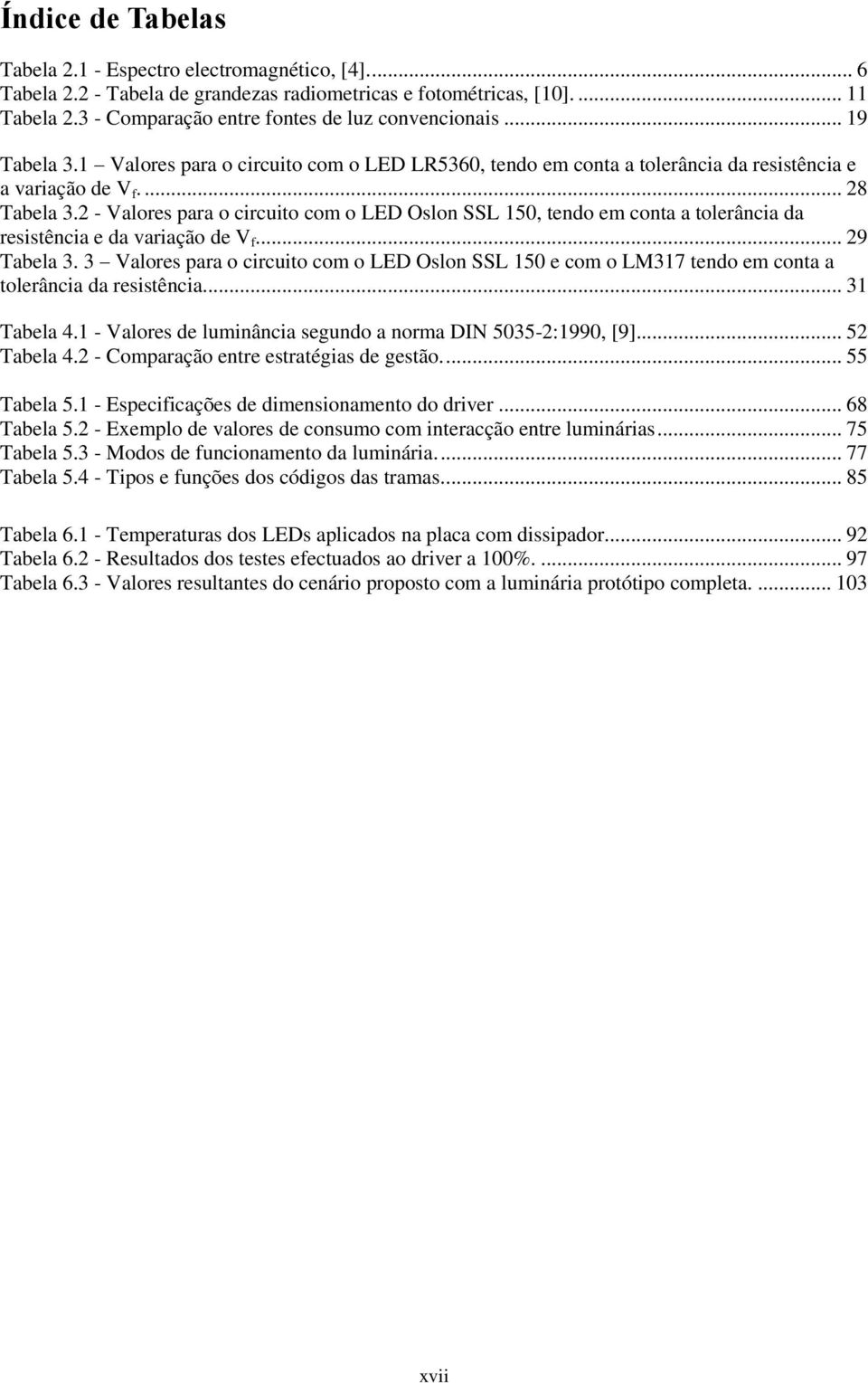 2 - Valores para o circuito com o LED Oslon SSL 150, tendo em conta a tolerância da resistência e da variação de V f... 29 Tabela 3.