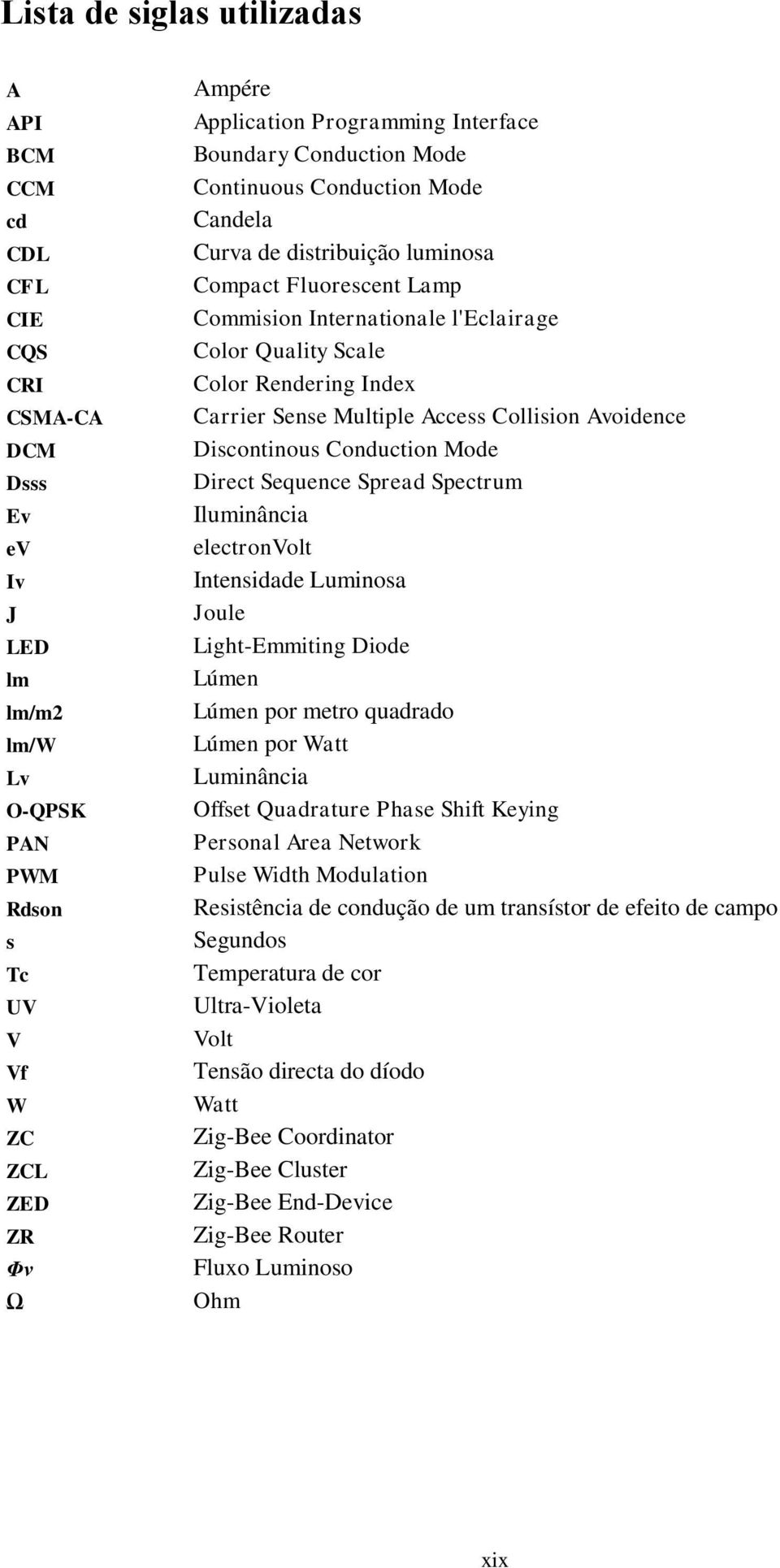 Index Carrier Sense Multiple Access Collision Avoidence Discontinous Conduction Mode Direct Sequence Spread Spectrum Iluminância electronvolt Intensidade Luminosa Joule Light-Emmiting Diode Lúmen