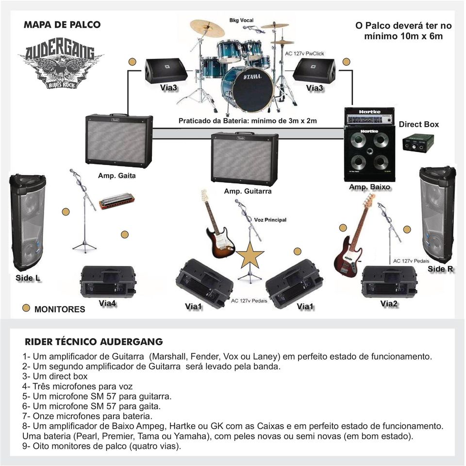 2- Um segundo amplificador de Guitarra será levado pela banda. 3- Um direct box 4- Três microfones para voz 5- Um microfone SM 57 para guitarra. 6- Um microfone SM 57 para gaita.