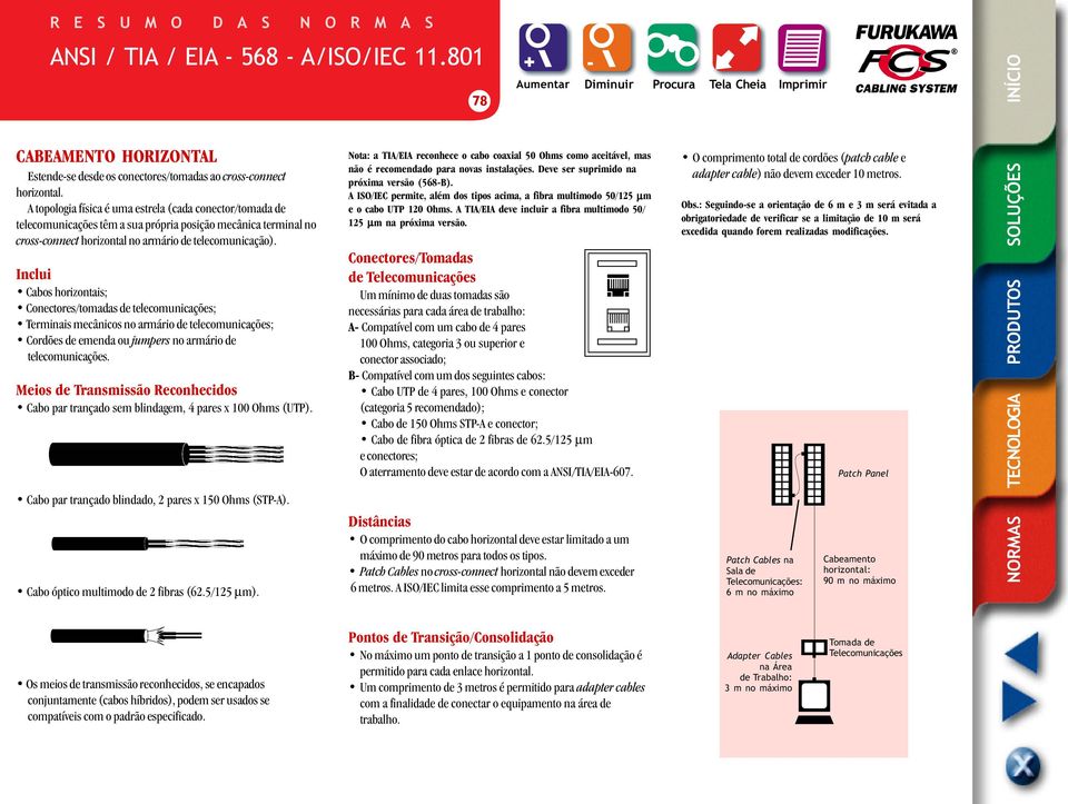 Inclui Cabos horizontais; Conectores/tomadas de telecomunicações; Terminais mecânicos no armário de telecomunicações; Cordões de emenda ou jumpers no armário de telecomunicações.