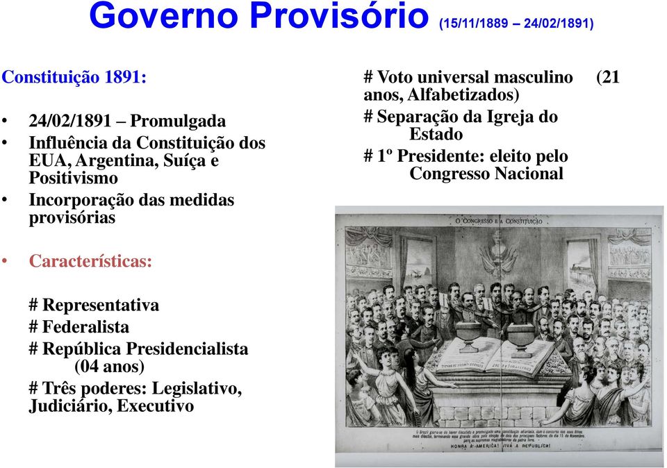 Alfabetizados) # Separação da Igreja do Estado # 1º Presidente: eleito pelo Congresso Nacional Características: #