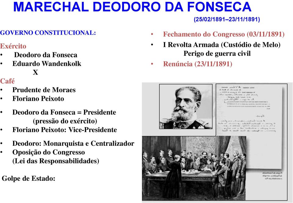 de Melo) Perigo de guerra civil Renúncia (23/11/1891) Deodoro da Fonseca = Presidente (pressão do exército) Floriano