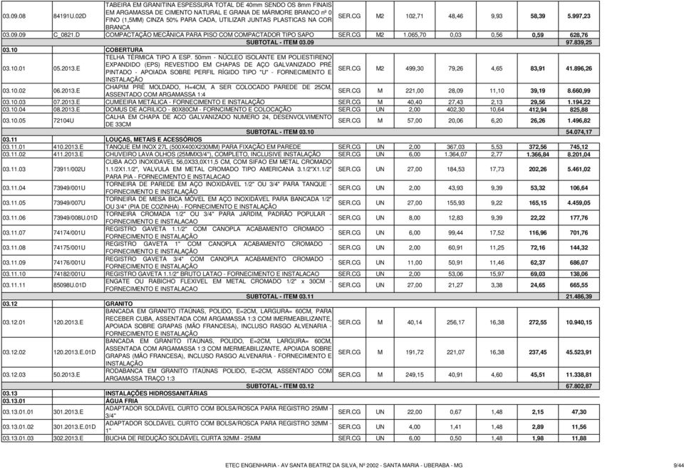 SER.CG M2 102,71 48,46 9,93 58,39 5.997,23 BRANCA 03.09.09 C_0821.D COMPACTAÇÃO MECÂNICA PARA PISO COM COMPACTADOR TIPO SAPO SER.CG M2 1.065,70 0,03 0,56 0,59 628,76 SUBTOTAL - ITEM 03.09 97.