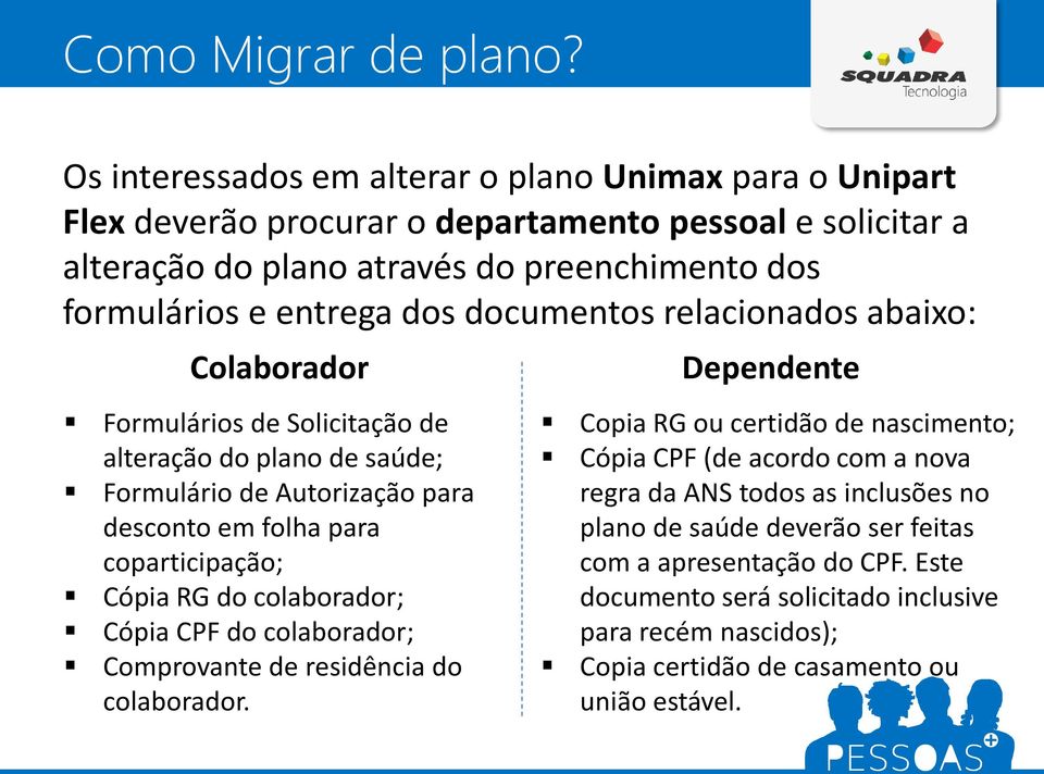 documentos relacionados abaixo: Colaborador Formulários de Solicitação de alteração do plano de saúde; Formulário de Autorização para desconto em folha para coparticipação; Cópia RG do