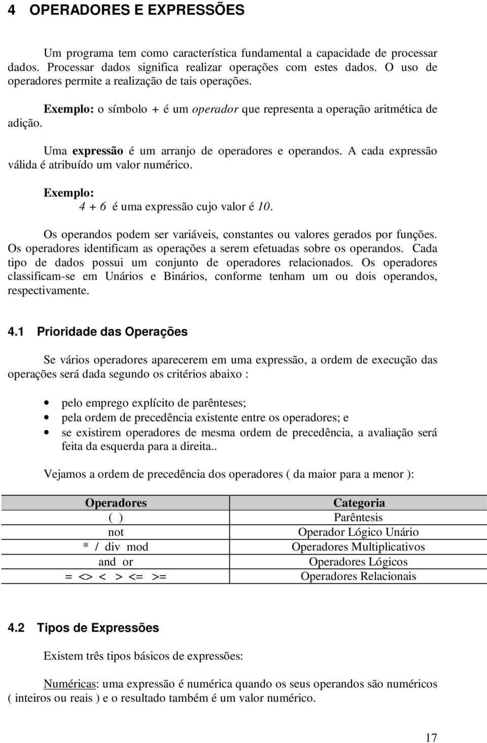 A cada expressão válida é atribuído um valor numérico. Exemplo: 4 + 6 é uma expressão cujo valor é 10. Os operandos podem ser iáveis, constantes ou valores gerados por funções.