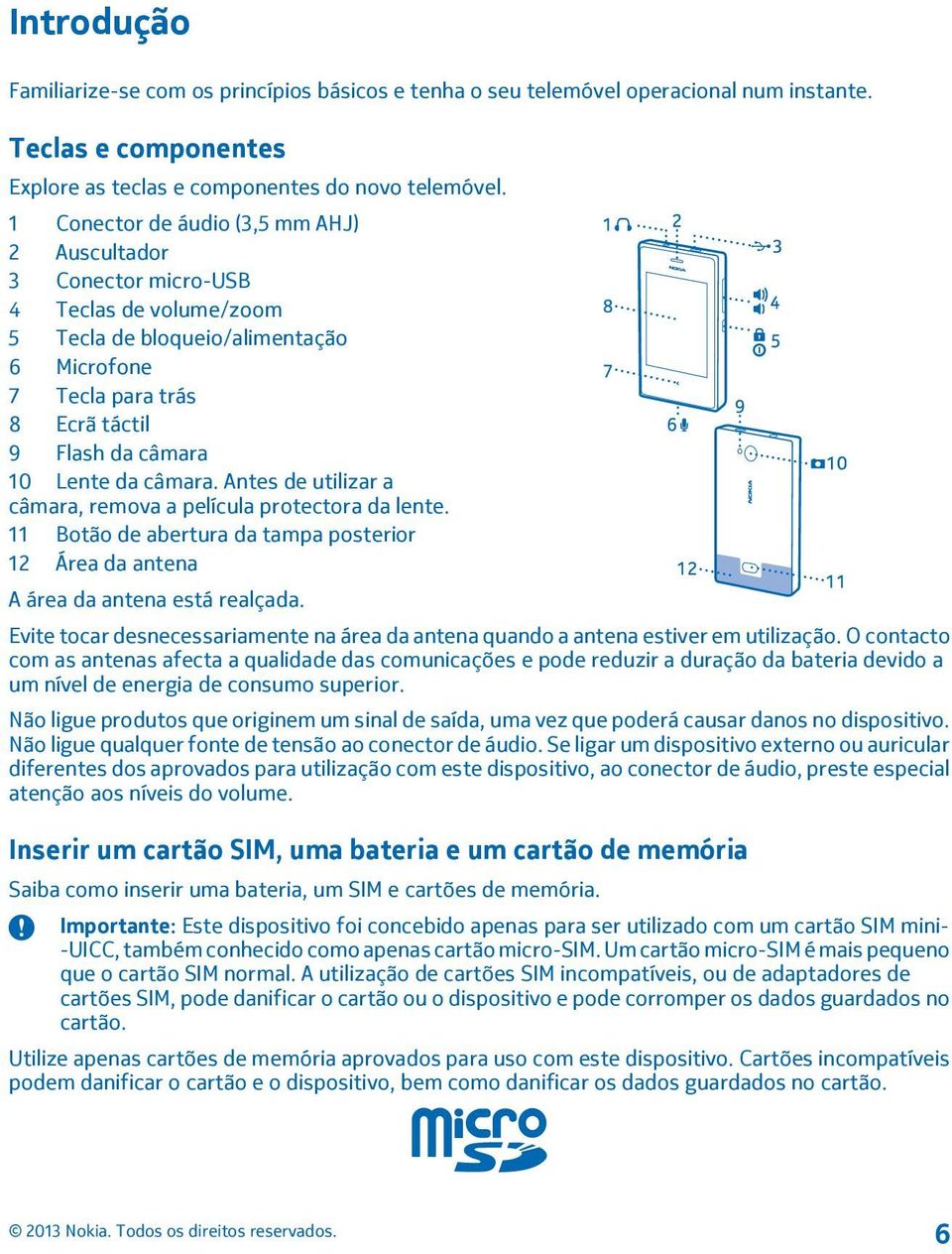 câmara. Antes de utilizar a câmara, remova a película protectora da lente. 11 Botão de abertura da tampa posterior 12 Área da antena A área da antena está realçada.