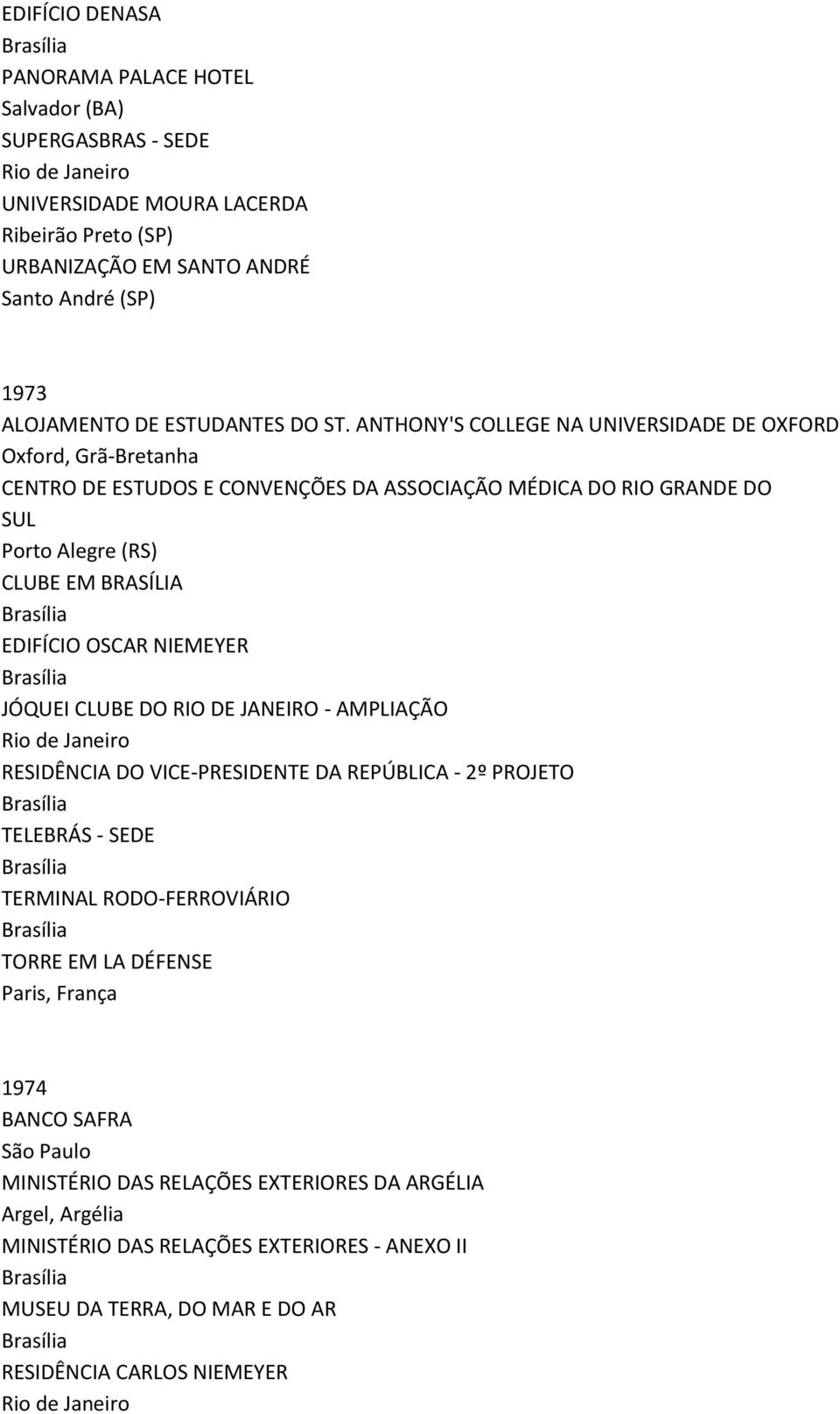 ANTHONY'S COLLEGE NA UNIVERSIDADE DE OXFORD Oxford, Grã-Bretanha CENTRO DE ESTUDOS E CONVENÇÕES DA ASSOCIAÇÃO MÉDICA DO RIO GRANDE DO SUL Porto Alegre (RS) CLUBE EM BRASÍLIA EDIFÍCIO OSCAR