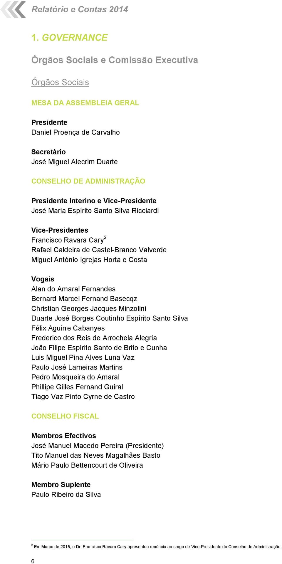 Interino e Vice-Presidente José Maria Espírito Santo Silva Ricciardi Vice-Presidentes Francisco Ravara Cary 2 Rafael Caldeira de Castel-Branco Valverde Miguel António Igrejas Horta e Costa Vogais