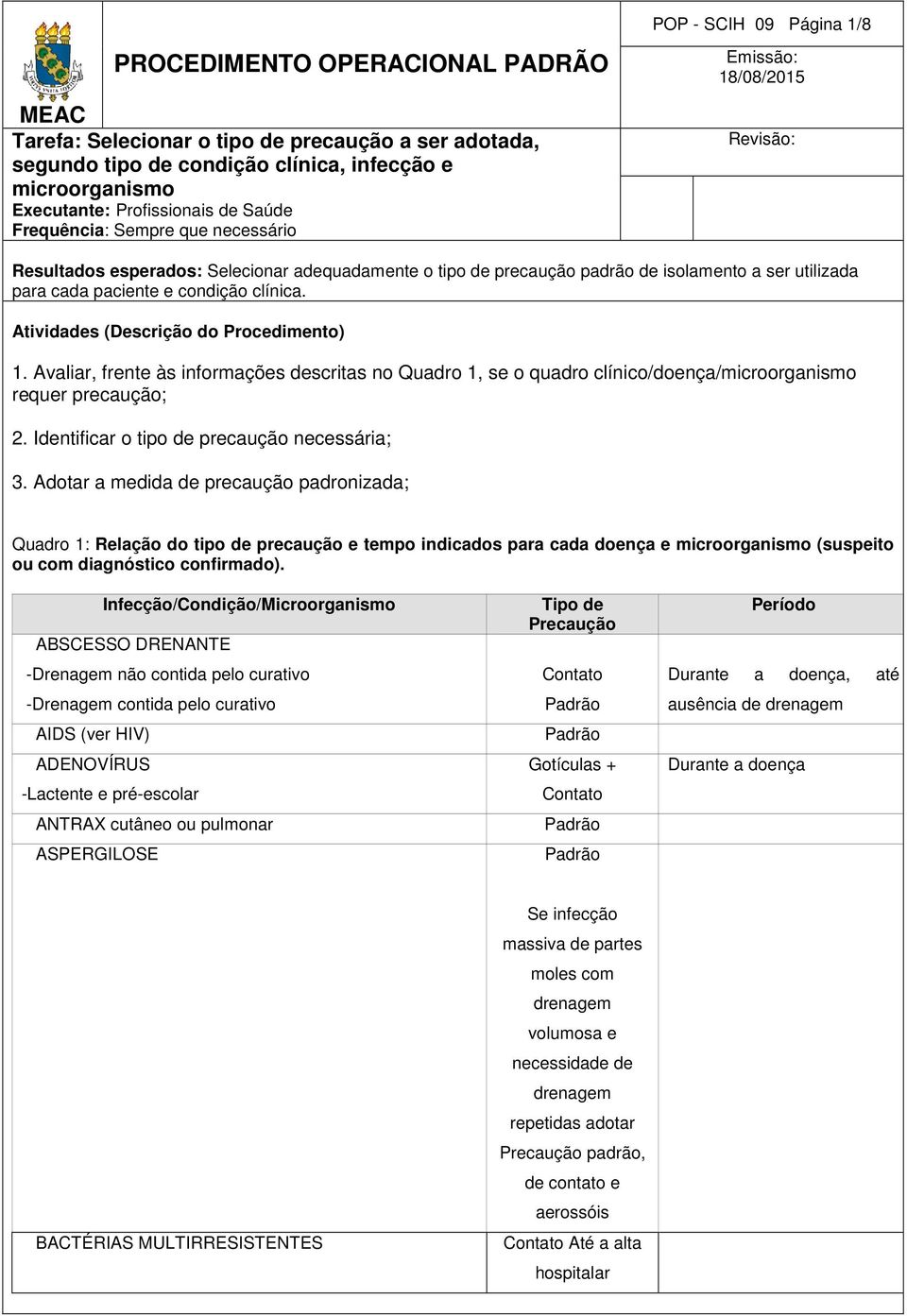 paciente e condição clínica. Atividades (Descrição do Procedimento) 1. Avaliar, frente às informações descritas no Quadro 1, se o quadro clínico/doença/microorganismo requer precaução; 2.