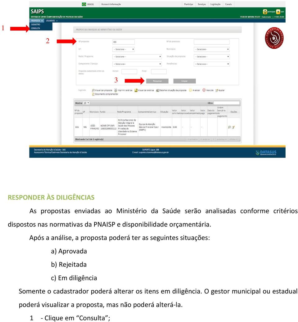 Após a análise, a proposta poderá ter as seguintes situações: a) Aprovada b) Rejeitada c) Em diligência Somente o