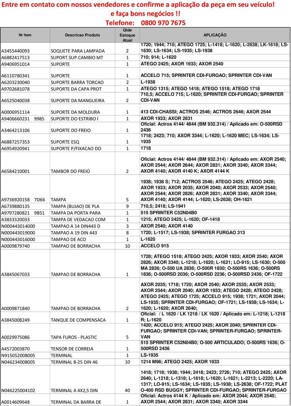 CAMBIO MT 1 710; 914; L-1620 A9406951014 SUPORTE 1 ATEGO 2425; AXOR 1933; AXOR 2540 A6110780341 SUPORTE 1 ACCELO 715; SPRINTER CDI-FURGAO; SPRINTER CDI-VAN A6203230040 SUPORTE BARRA TORCAO 2 L-1938