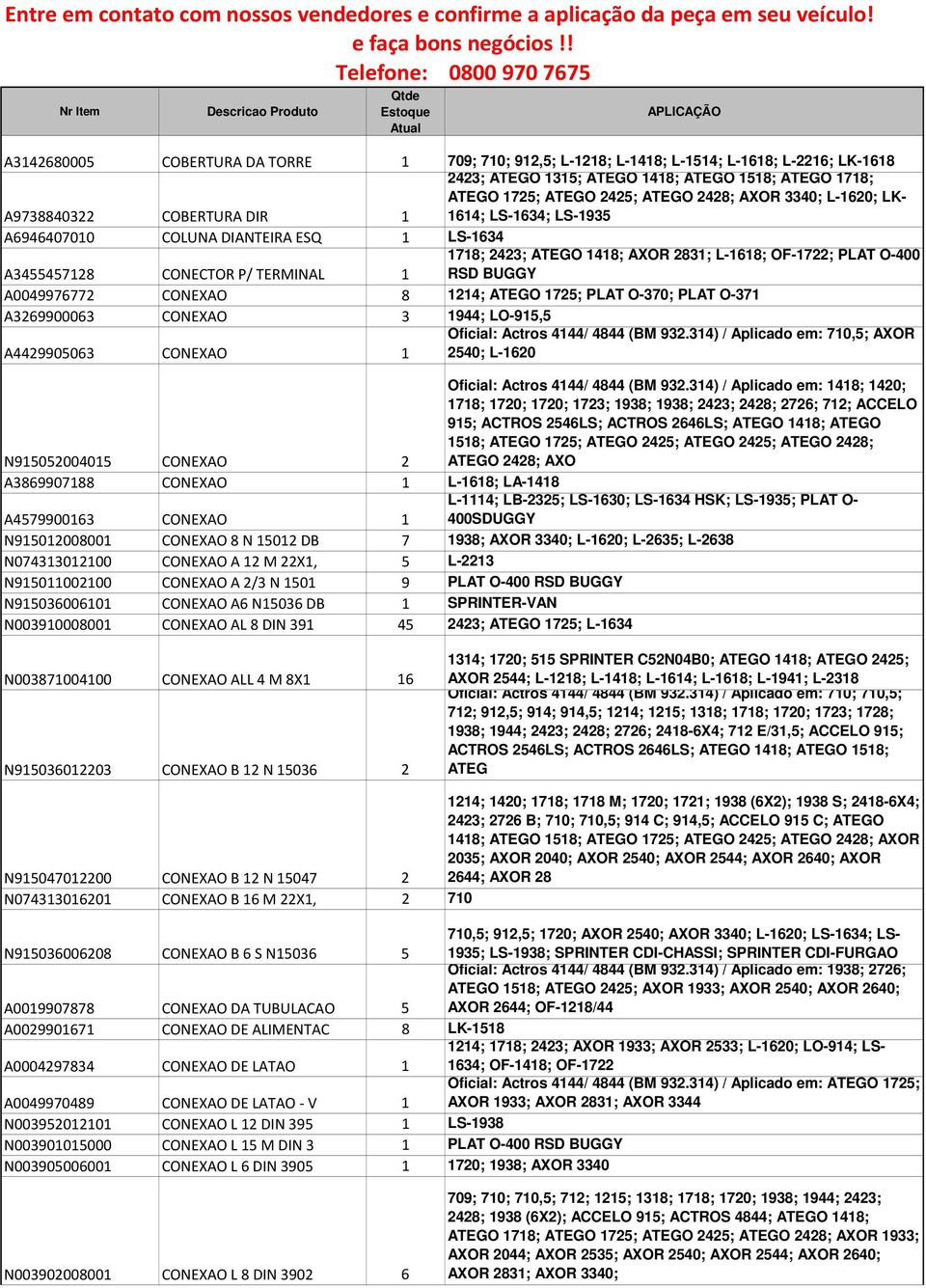 O-400 RSD BUGGY A0049976772 CONEXAO 8 1214; ATEGO 1725; PLAT O-370; PLAT O-371 A3269900063 CONEXAO 3 1944; LO-915,5 A4429905063 CONEXAO 1 Oficial: Actros 4144/ 4844 (BM 932.