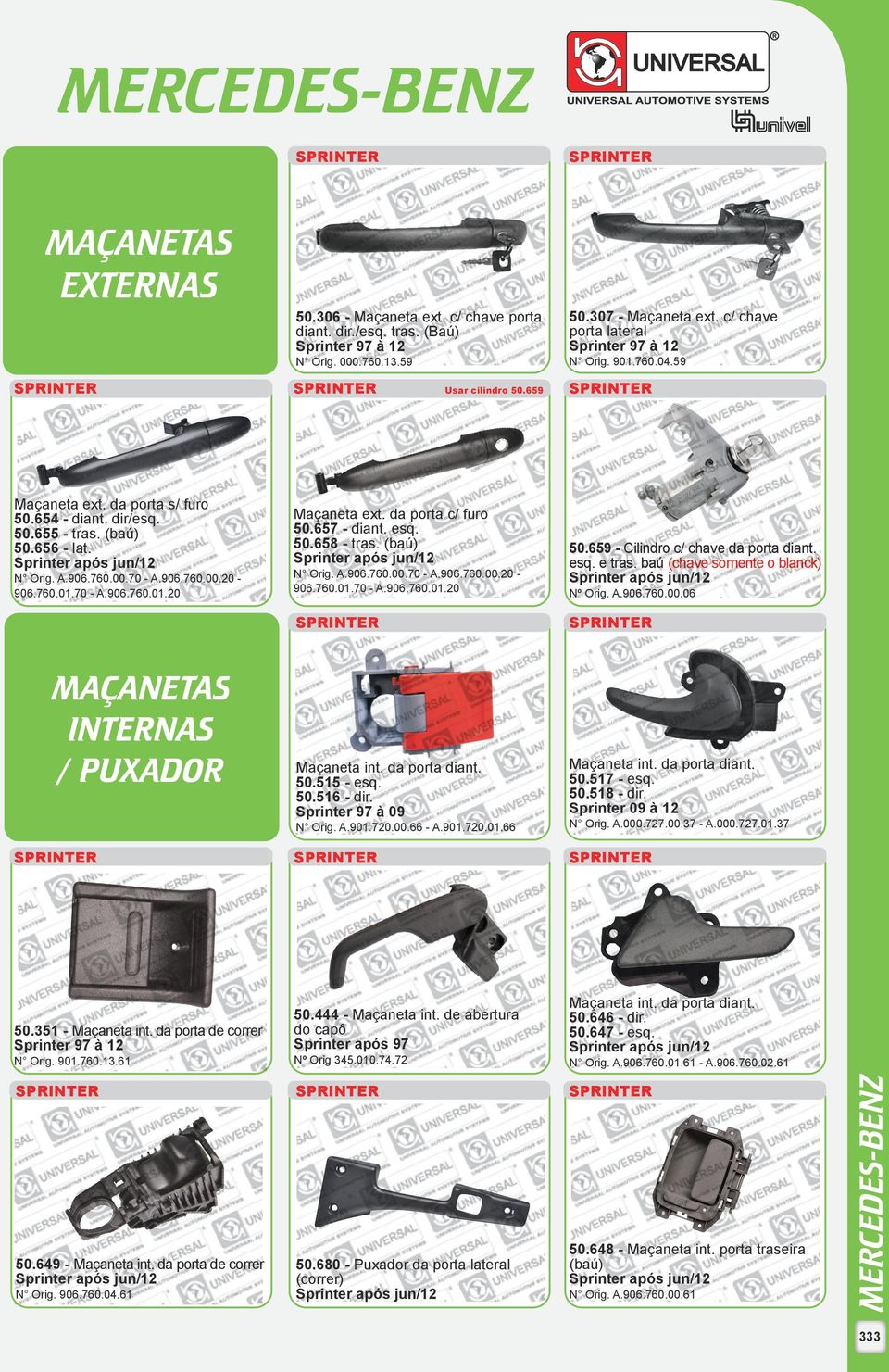 da porta c/ furo 50.657 - diant. esq. 50.658 - tras. (baú) N Orig. A.906.760.00.70 - A.906.760.00.20-906.760.01.70 - A.906.760.01.20 50.659 - Cilindro c/ chave da porta diant. esq. e tras.