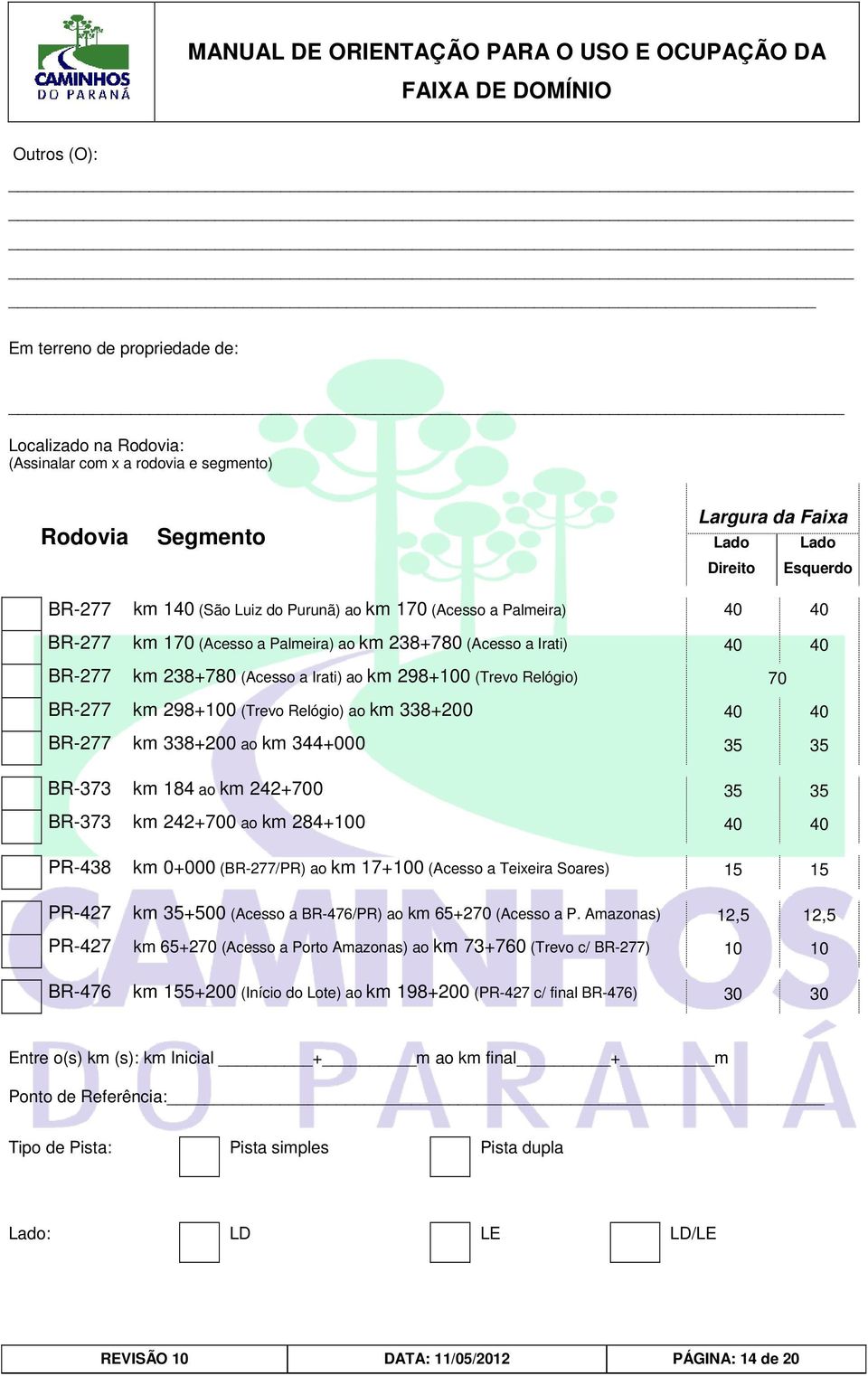 Relógio) ao km 338+200 40 40 BR-277 km 338+200 ao km 344+000 35 35 BR-373 km 184 ao km 242+700 35 35 BR-373 km 242+700 ao km 284+100 40 40 PR-438 km 0+000 (BR-277/PR) ao km 17+100 (Acesso a Teixeira