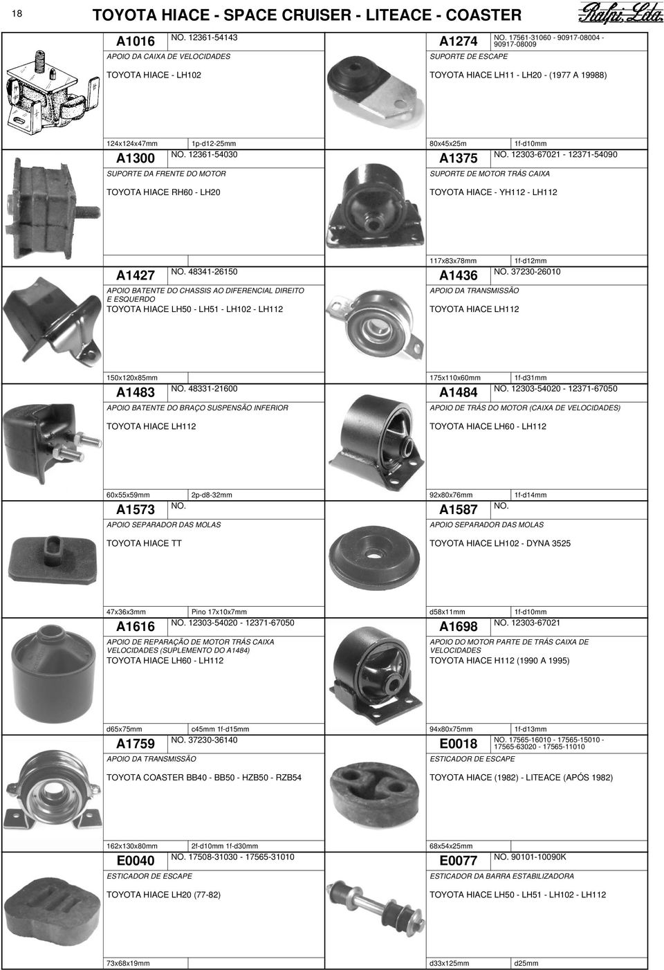 LH20 TOYOTA HIACE - YH112 - LH112 117x83x78mm A1427 48341-26150 A1436 1f-d12mm 37230-26010 APOIO BATENTE DO CHASSIS AO DIFERENCIAL DIREITO E ESQUERDO APOIO DA TRANSMISSÃO TOYOTA HIACE LH50 - LH51 -