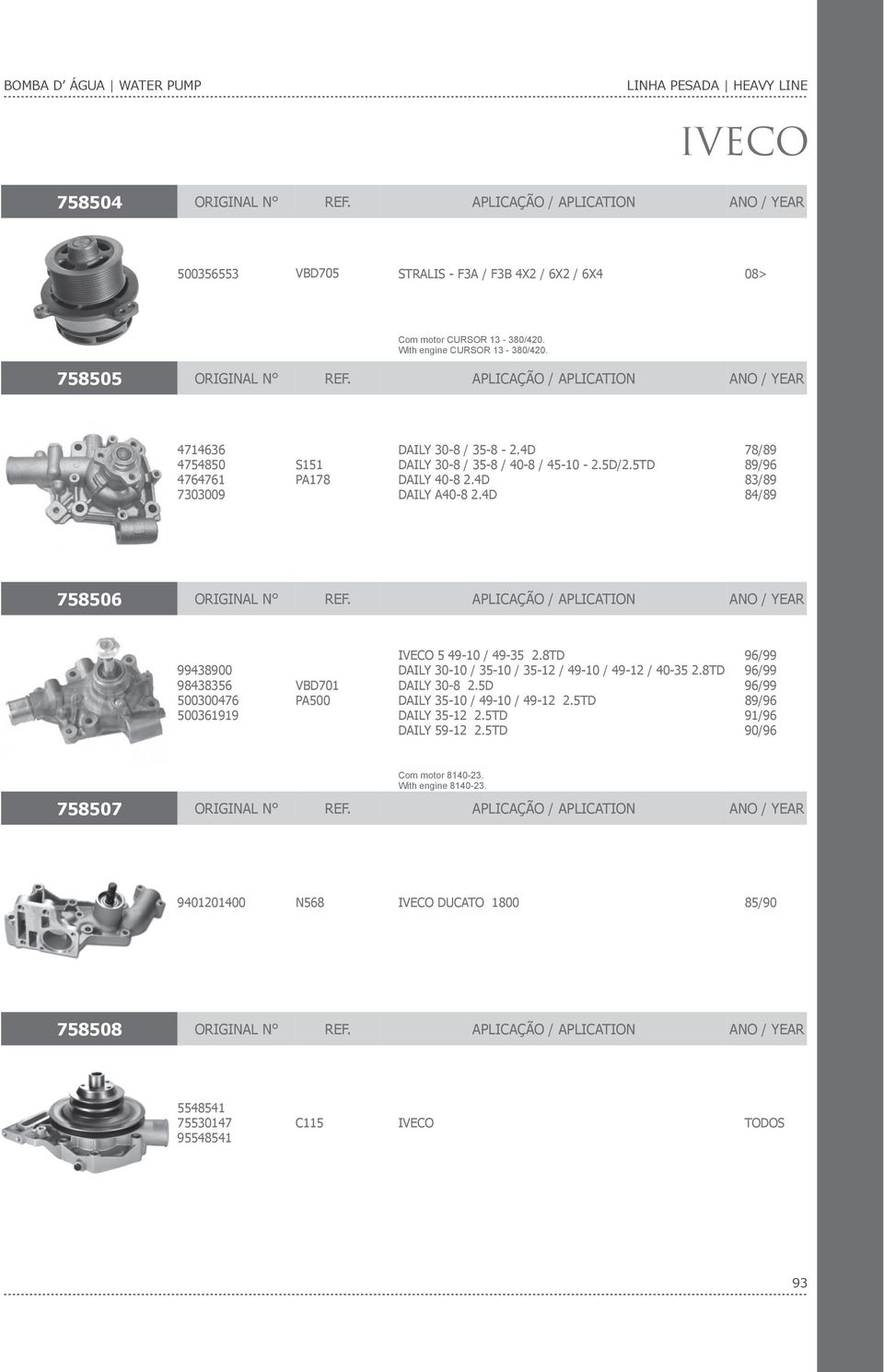 4D DAILY A40-8 2.4D 78/89 89/96 83/89 84/89 758506 ORIGINAL N REF. APLICAÇÃO / APLICATION ANO / YEAR 99438900 98438356 500300476 500361919 VBD701 PA500 IVECO 5 49-10 / 49-35 2.